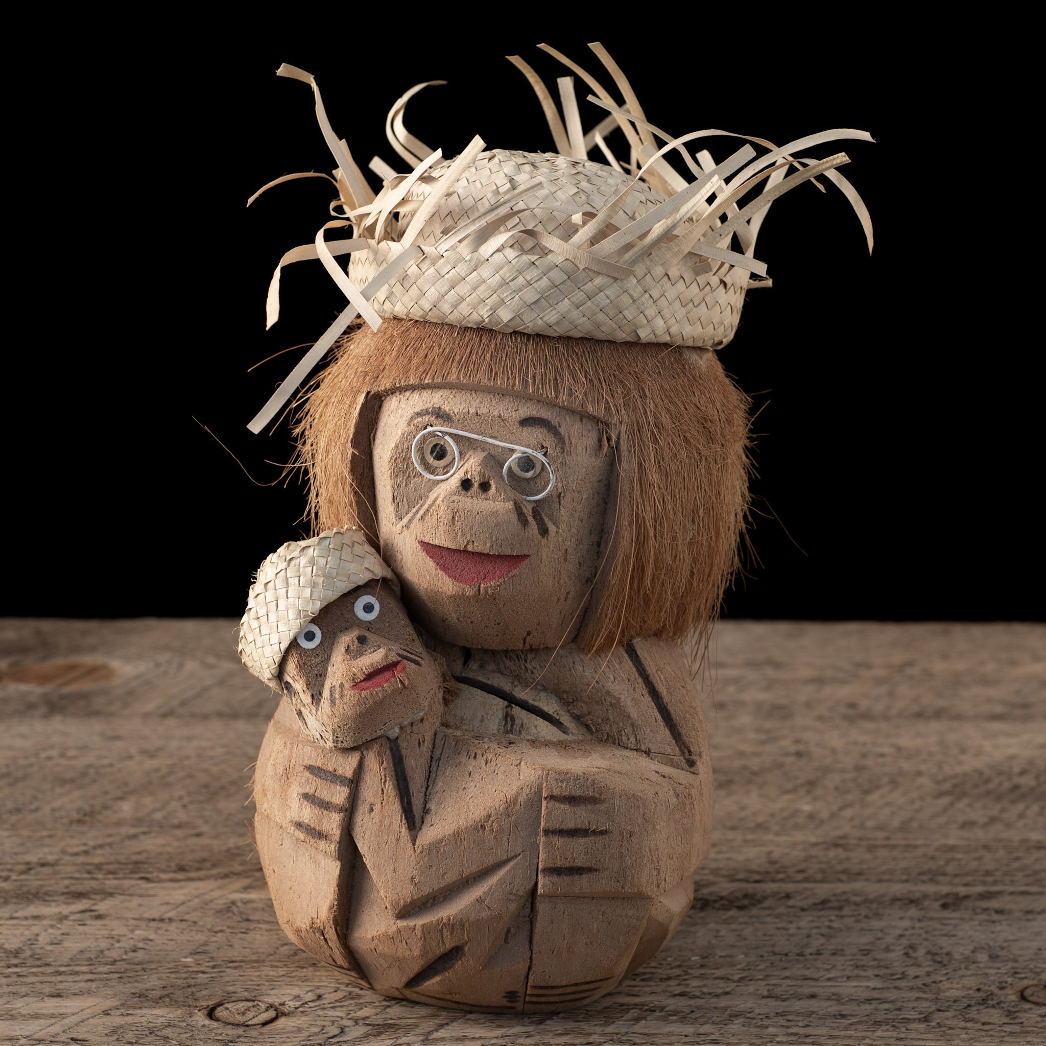 Hand-Carved Coconut Monkey & Baby Figurine