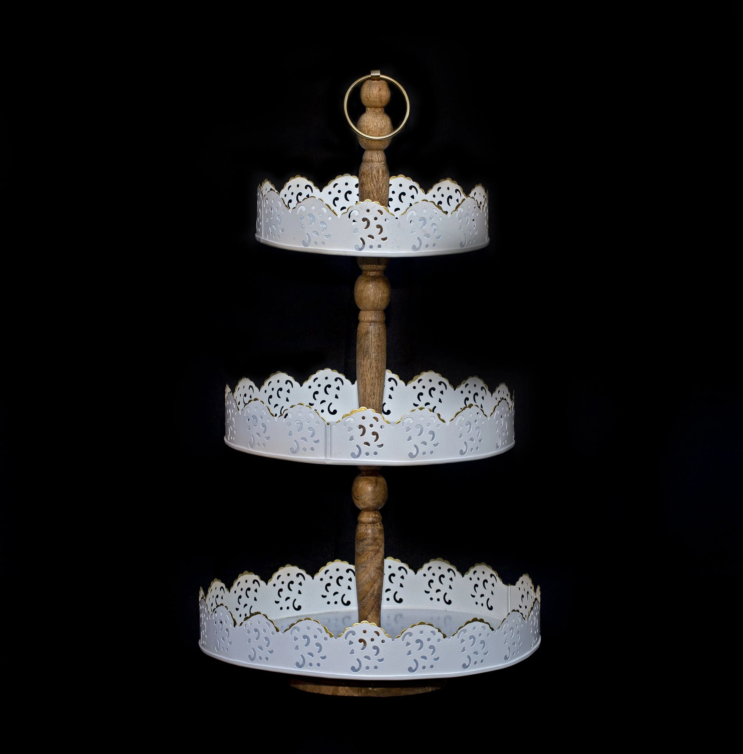 3-Tier White Metal & Wood Cake Stand