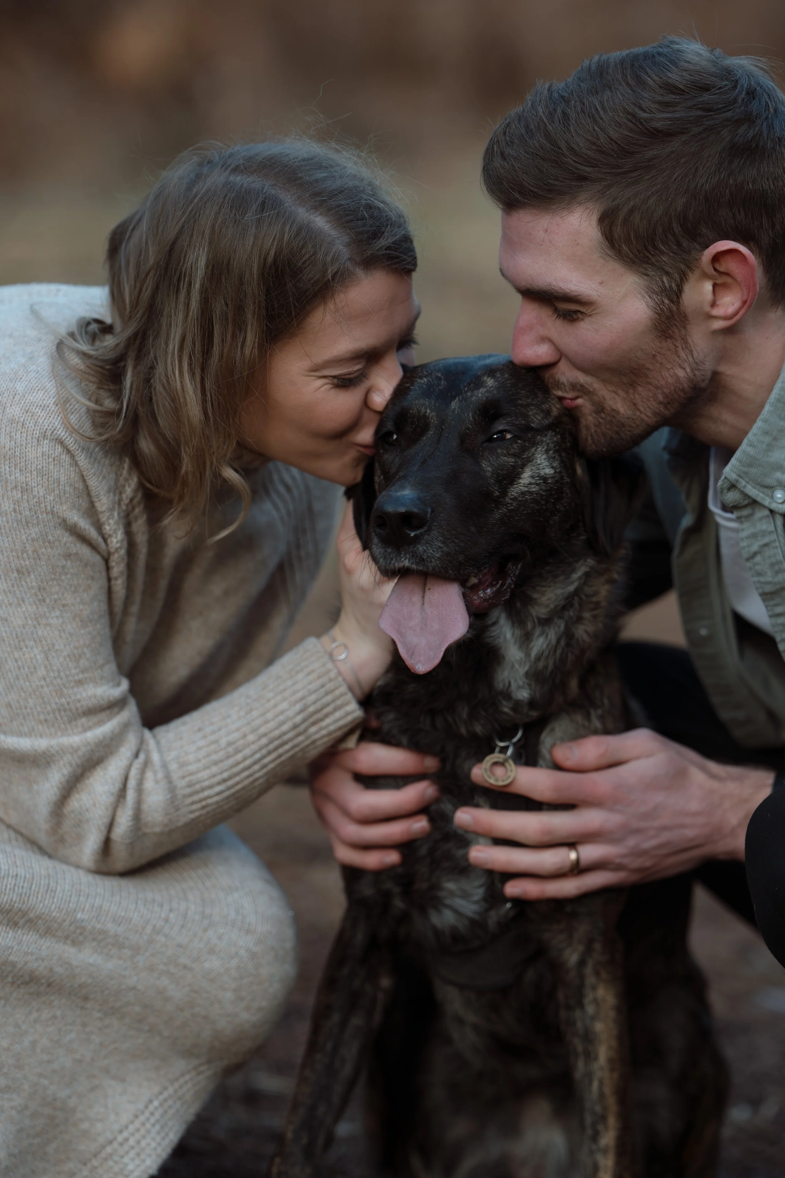 A woman and a man cuddling and kissing a happy black and brown dog with a collar outdoors.
