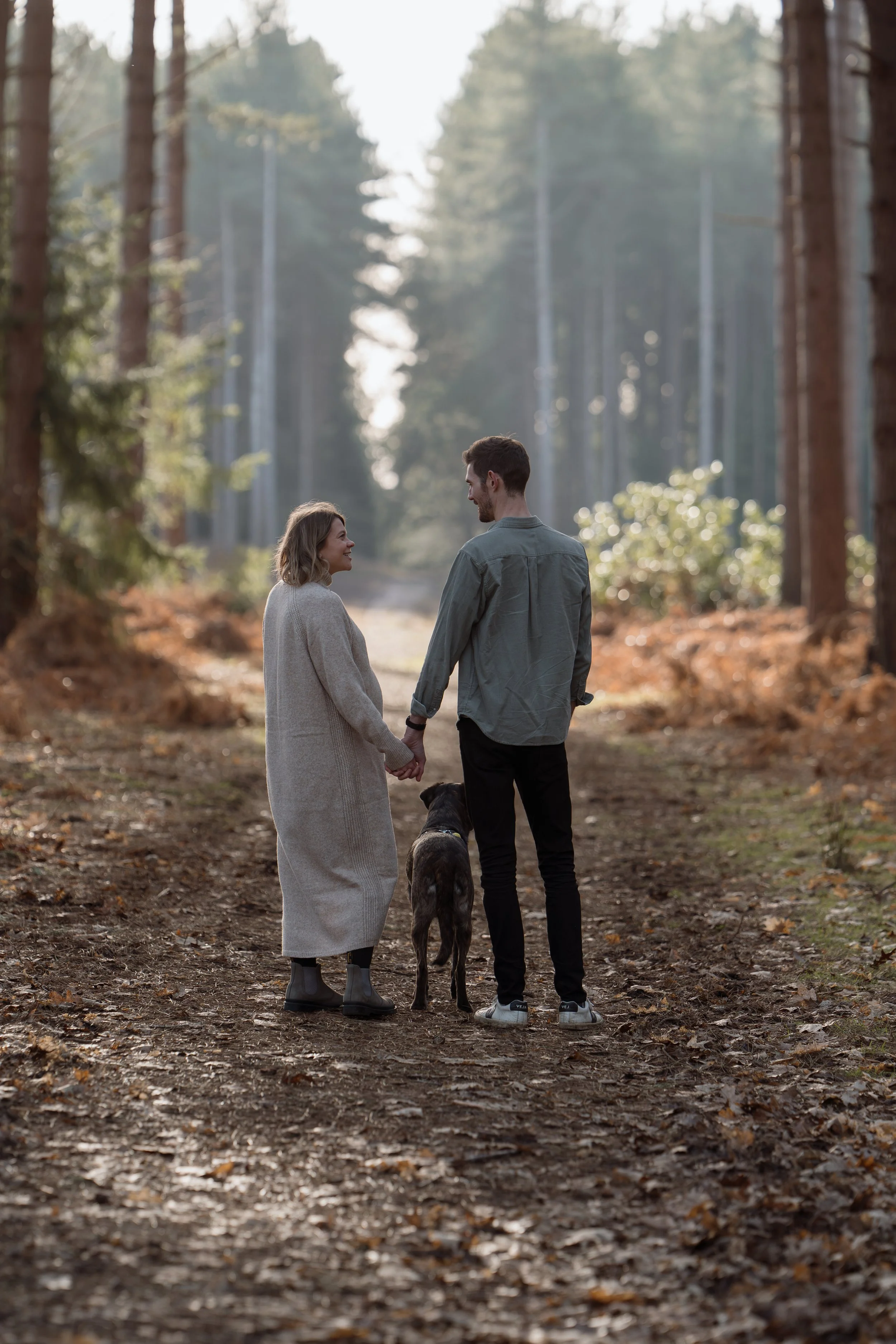 A couple holding hands and walking with a dog in a wooded forest.