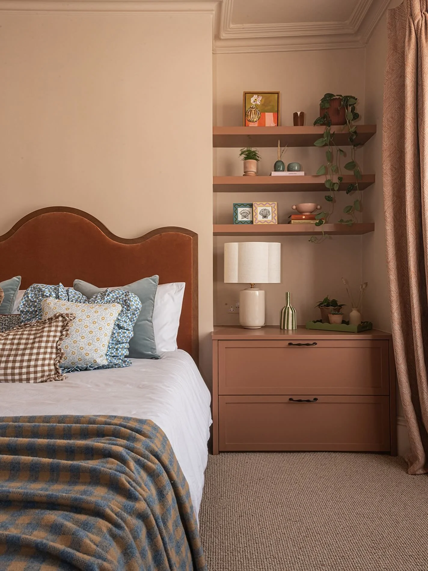 Making your home layout work harder for you 💪. In this room, the bed was originally positioned elsewhere, which meant the layout was fighting against the architecture. 

By relocating the bed to sit in front of the chimney breast, the chimney breast