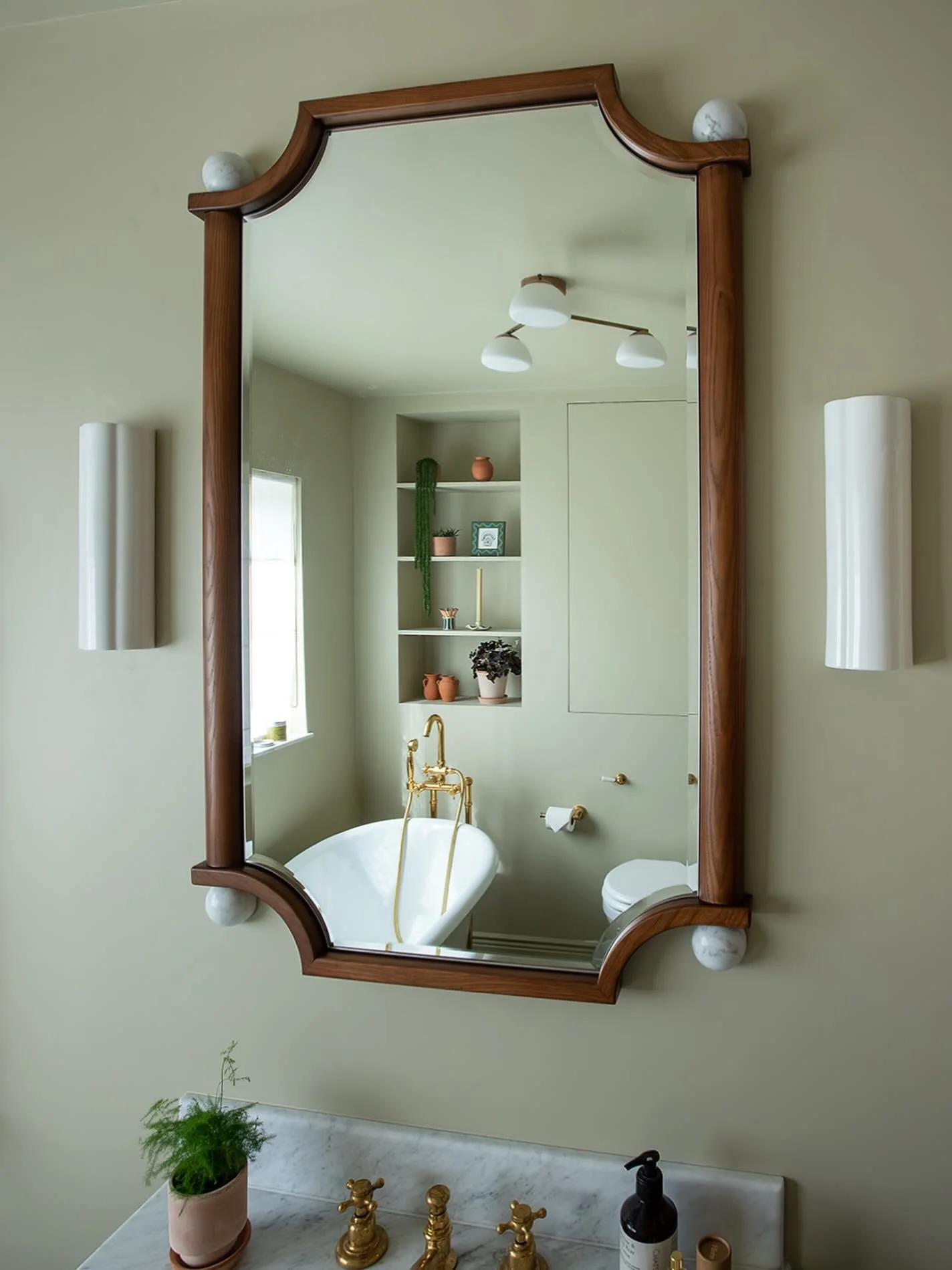 You might recognise some traditional shapes here. The framed mirror, the marble top, the brass taps. There&rsquo;s something familiar about them, but the softer palette and pared back detailing give the room a different energy.

When I design a space