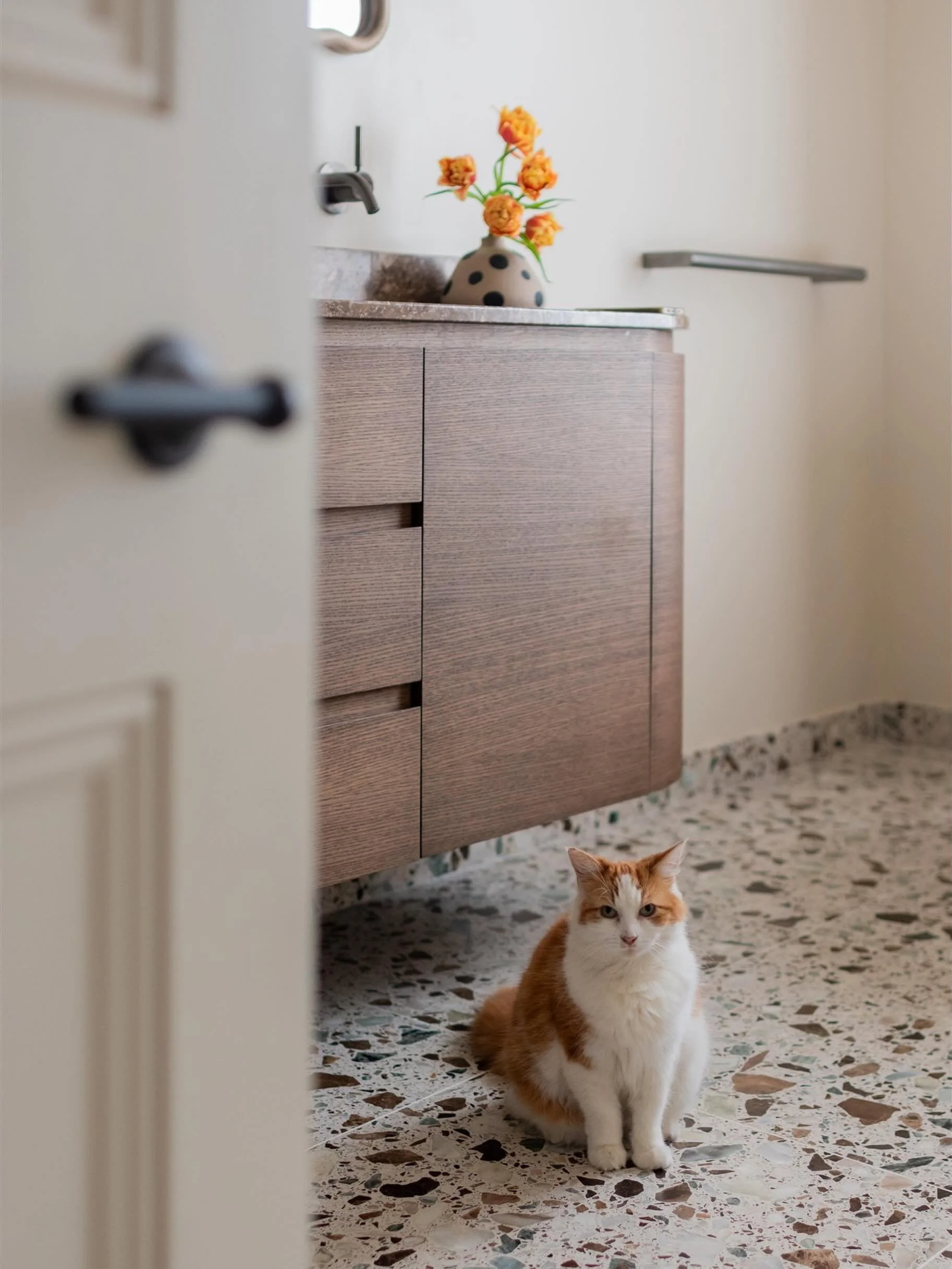 If the cat approves, I know the space is a success 🐱. 

Come in for a little peek into my Stoke Newington bathroom project. I designed it to feel warm, calm and inviting, with earthy tones, tactile materials and thoughtful functionality layered thro