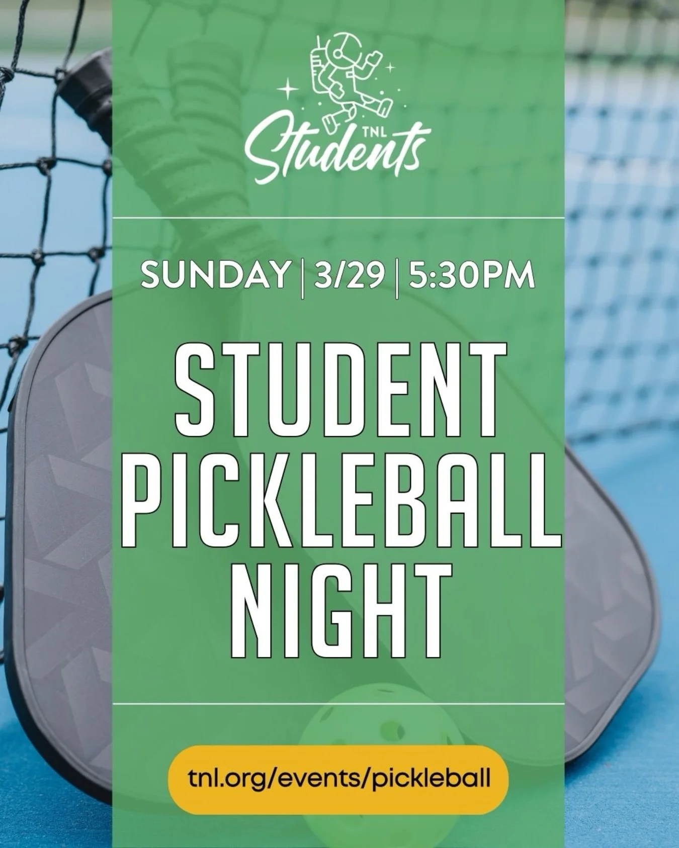 All MS &amp; HS students are invited to come hang out and play pickleball on Sunday March 29th @ 5:30pm! We&rsquo;ve reserved 2 courts at the Lonetree Pickleball Courts (10249 RidgeGate Circle, Lone Tree, CO 80124).

The event is completely free, and