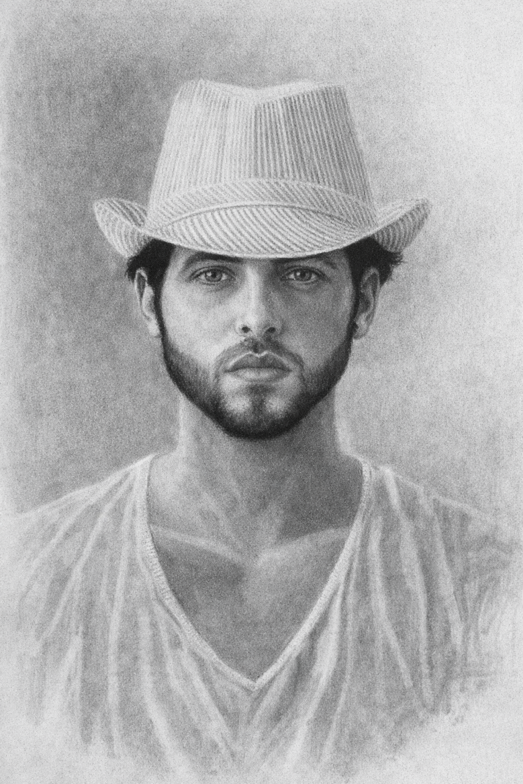 A realistic hybrid drawing of a man with light skin, wearing a striped cowboy hat and a V-neck T-shirt.