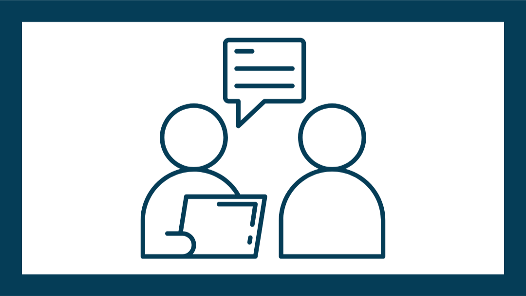 A dark blue horizontal border with a dark blue graphic of two people talking, one holding a clipboard with a speech bubble above their head.