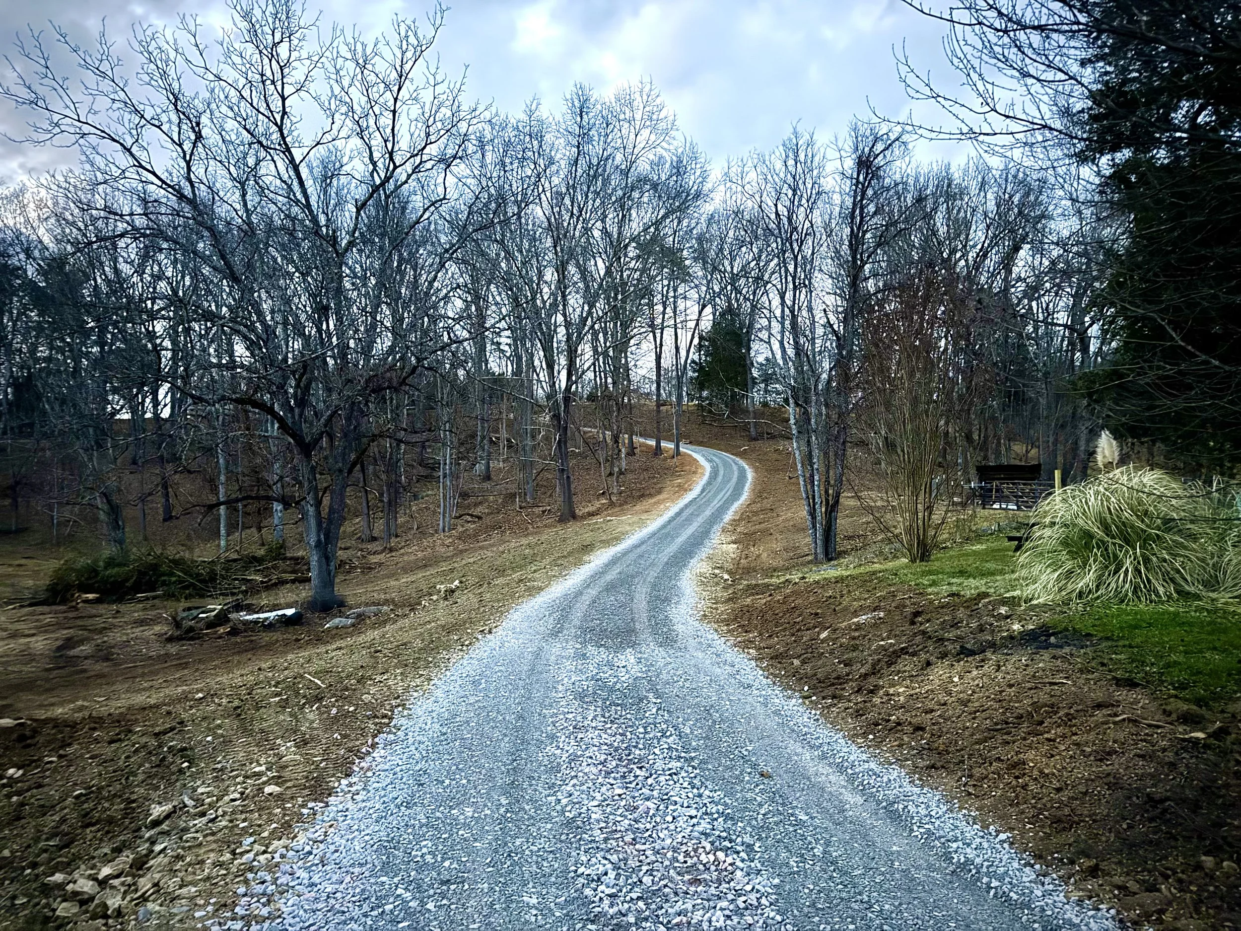 A winding gravel driveway leading uphill through a leafless wooded area with overcast sky.
