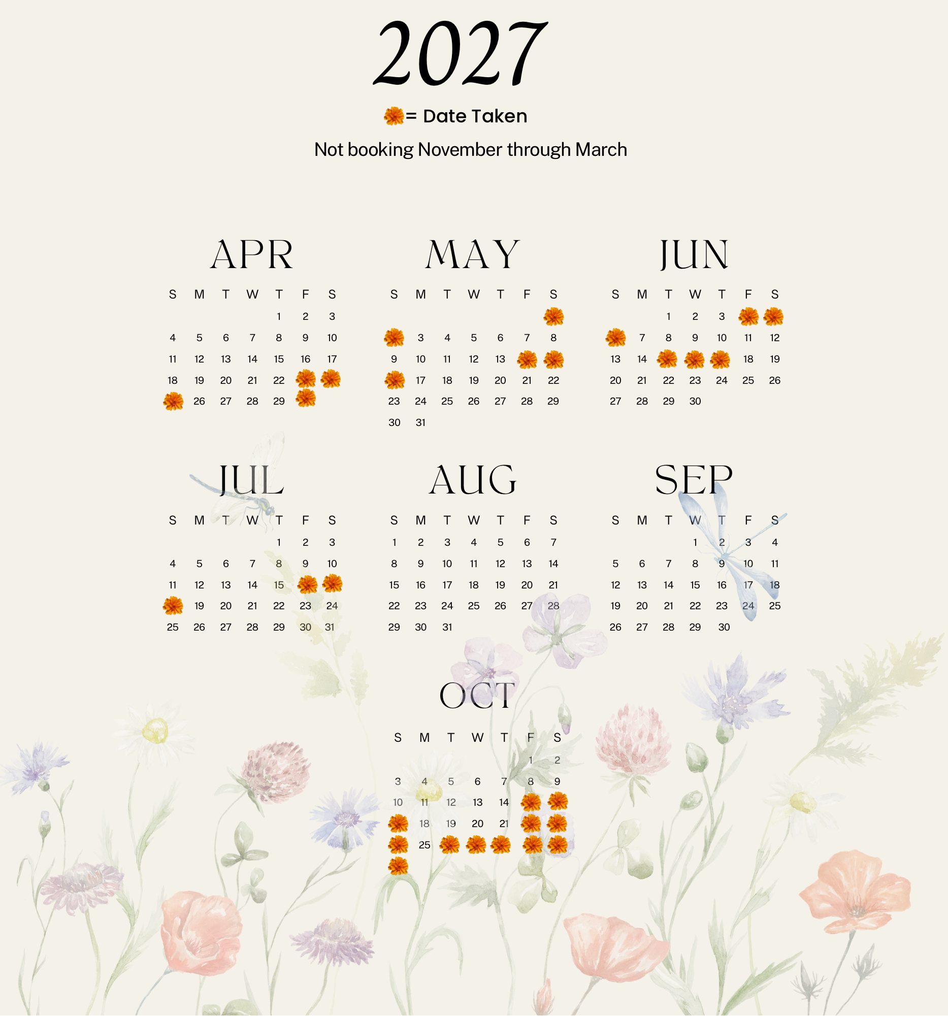 2027 calendar with multiple months, marked with orange flower icons indicating dates taken, and a background of pastel watercolor flowers.