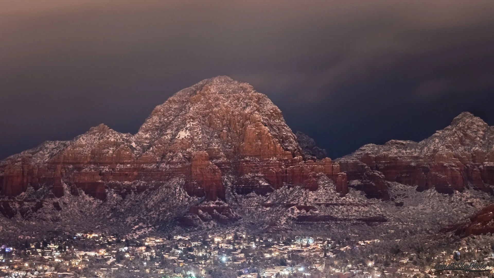 The beautiful snow covered town of Sedona, Arizona late on a January night