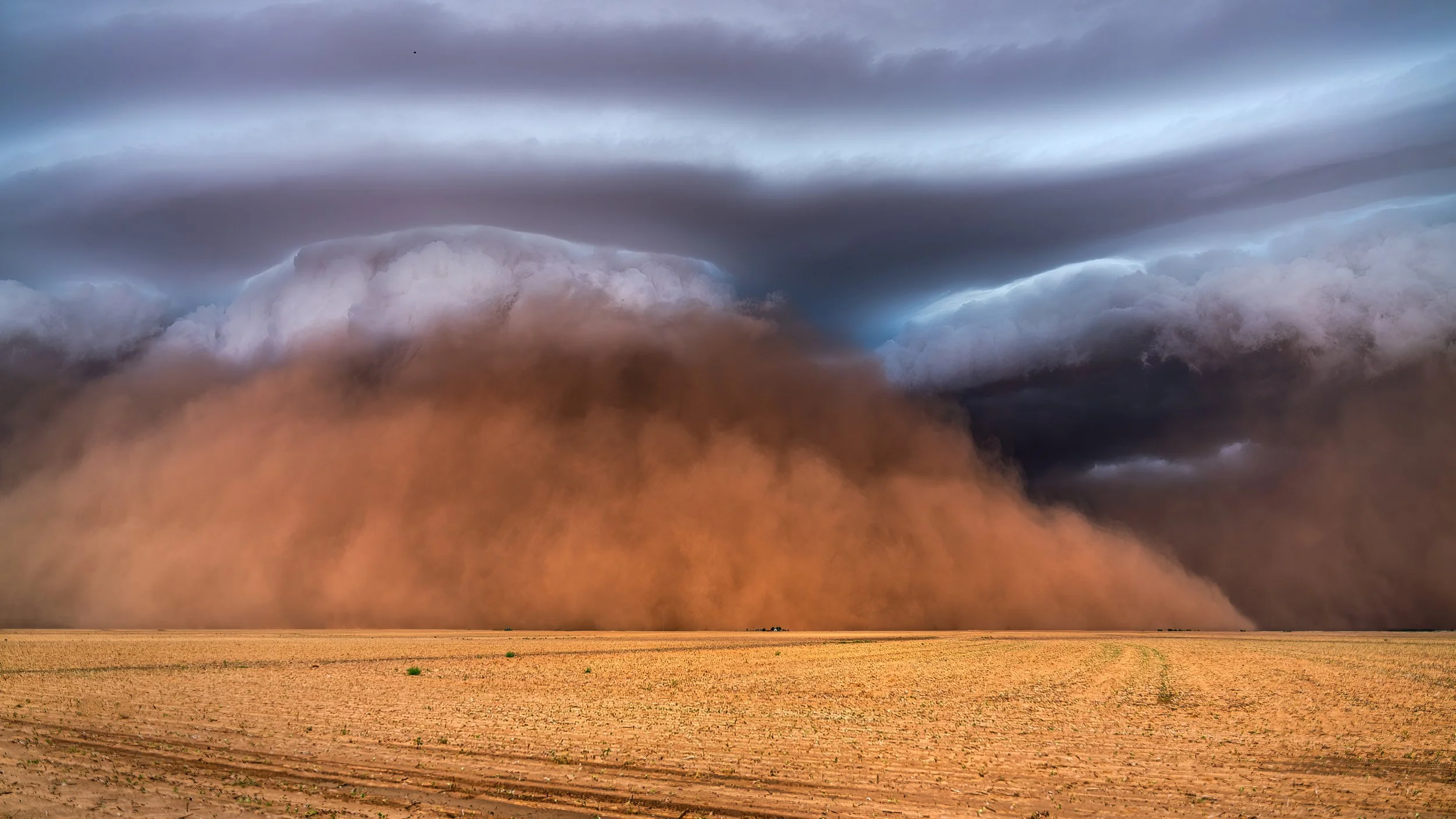 A massive haboob dwarves a tiny house in the center frame. 