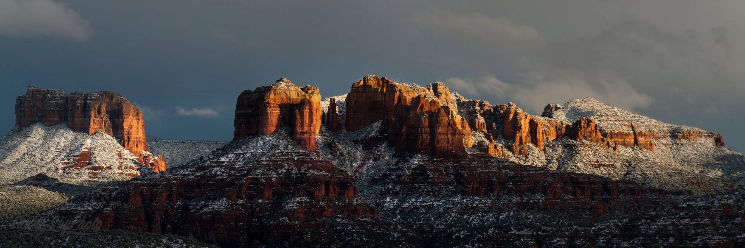 A January snow covered and sunlit Capitol Butte near Sedona, Arizona 