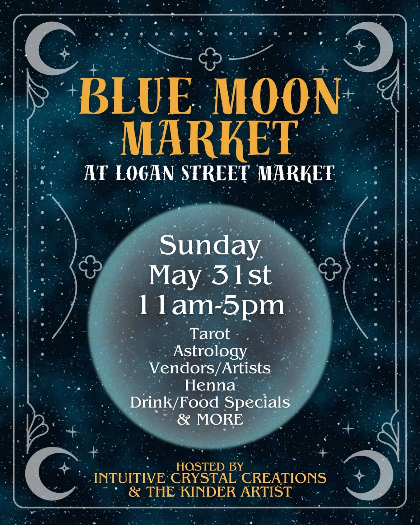 🌙The stars aligned and now you suddenly have plans for Sunday May 31st ✨

💙The Blue Moon Market is taking over Logan Street Market with dreamy vendors, food &amp; drink specials, and enough mystical energy to spiritually reset your entire week.

Co
