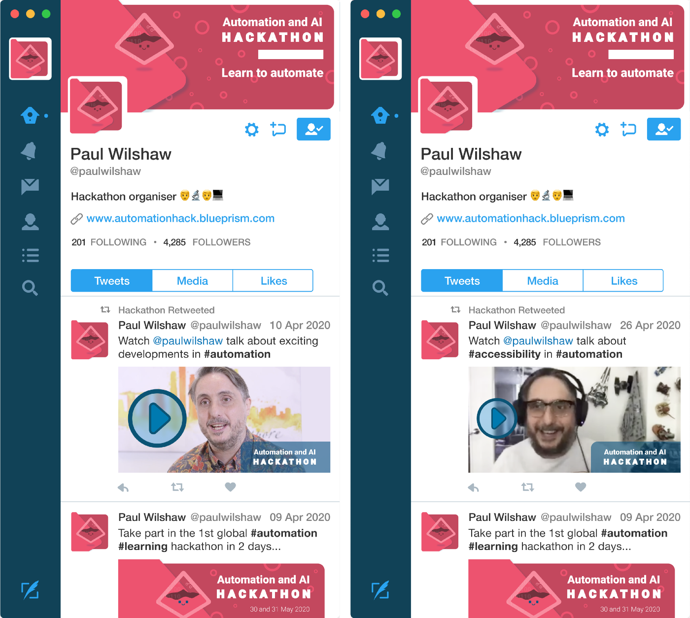 Hackathon Twitter posts — using different videos posts to test response rates.