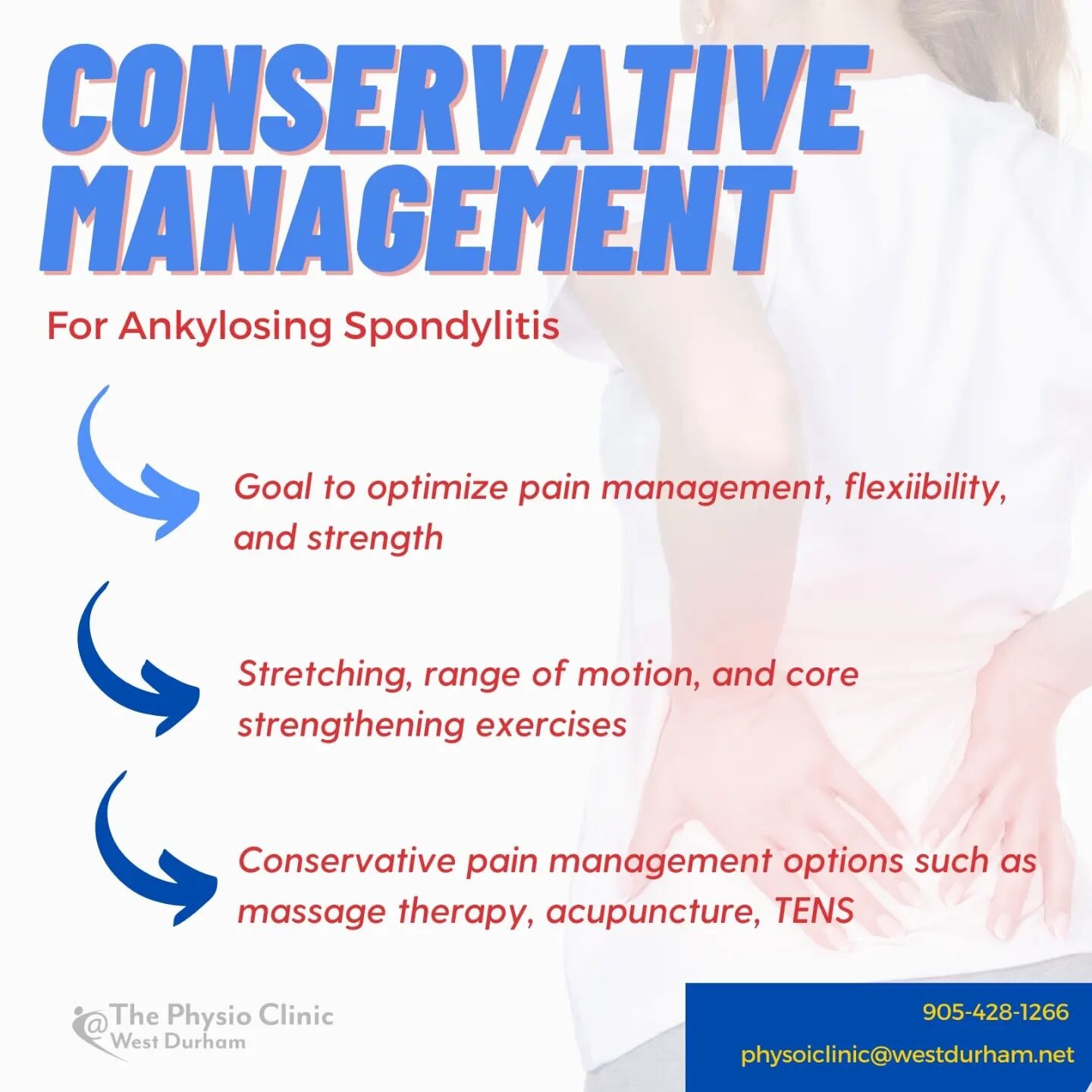 As a follow-up to our most recent &quot;Friday Facts&quot; post, take a look at these conservative measures one can take for Ankylosing Spondylitis!

Contact us today to book a consultation and learn more about our services!
👇
905.428.1266
physiocli