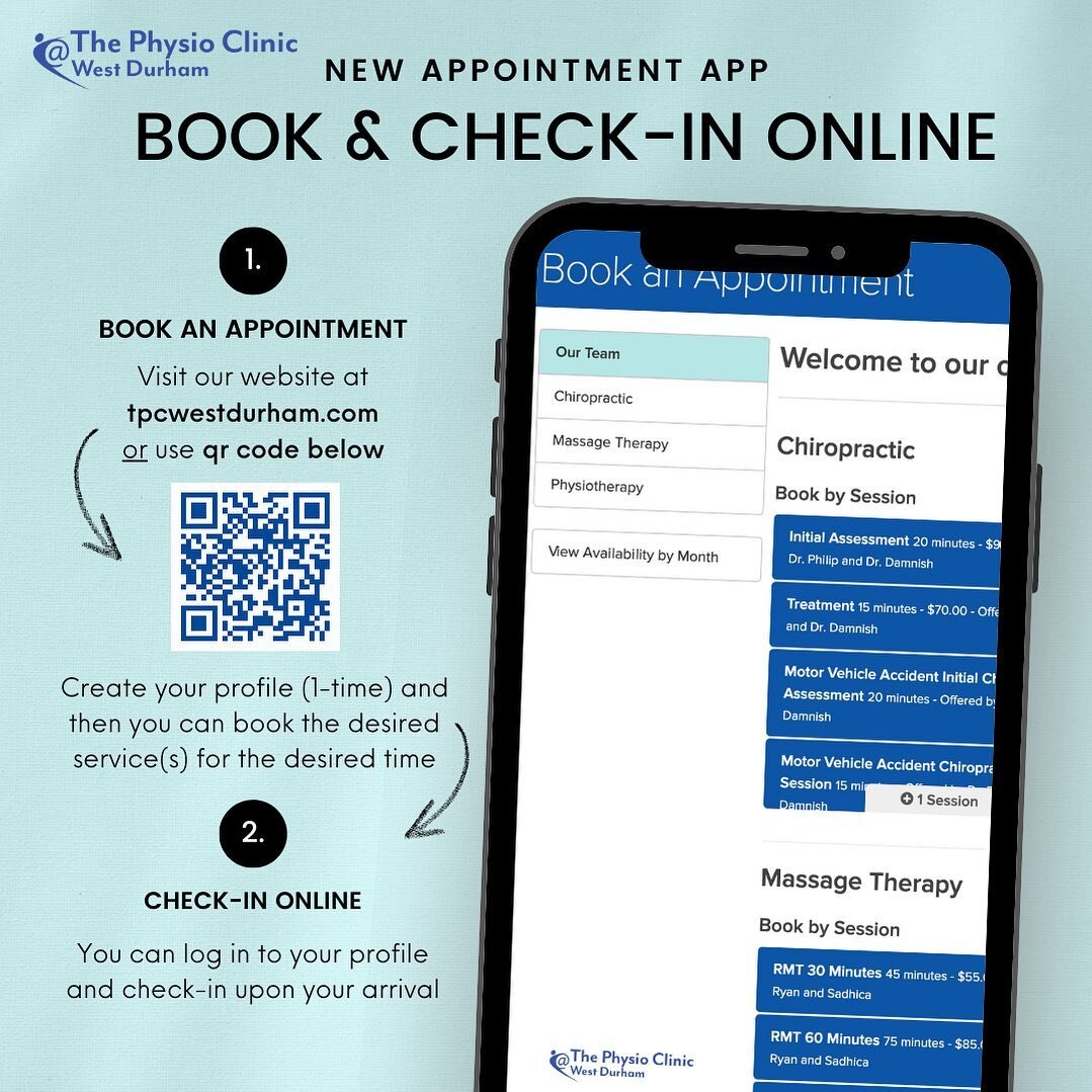 Booking and check in just got super easy and quick! 

Contact us today to learn more about our services!
👇
905.428.1266
physioclinic@westdurham.net
#physioclinic #westdurham #physio #janeapp #physiotherapy #massagetherapy #massage #chiropractic #phy