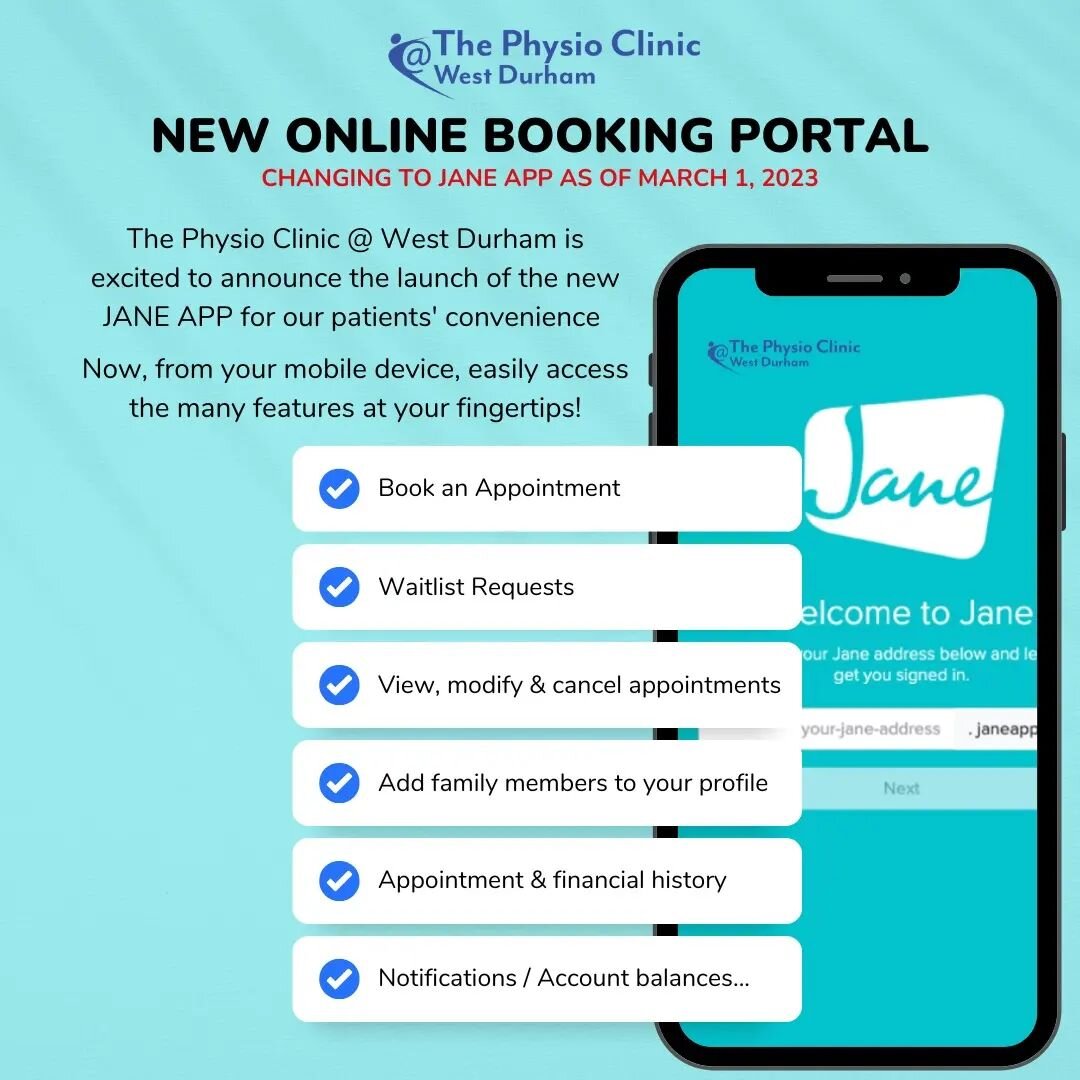 The Physio Clinic @ West Durham is excited to announce the launch of the new JANE APP for our patients' convenience!

Contact us today to learn more about our services!
👇
905.428.1266
physioclinic@westdurham.net

#physioclinic #westdurham #physio #j