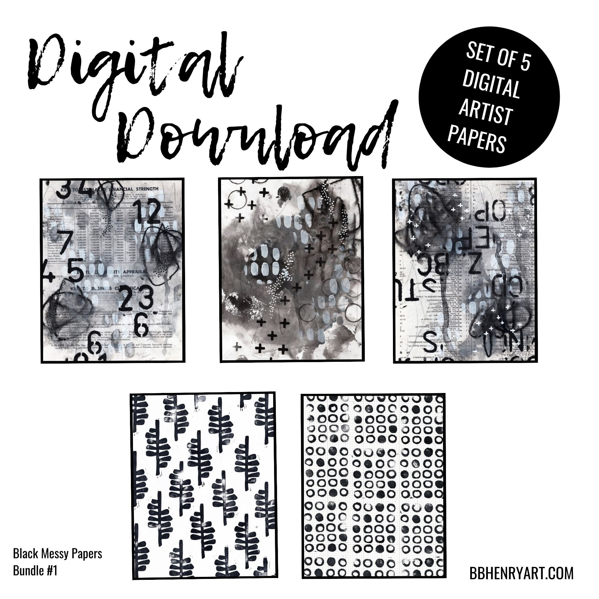 Black Messy Inky Artist Papers DIGITAL DOWNLOAD Set 1 — BB Henry Art