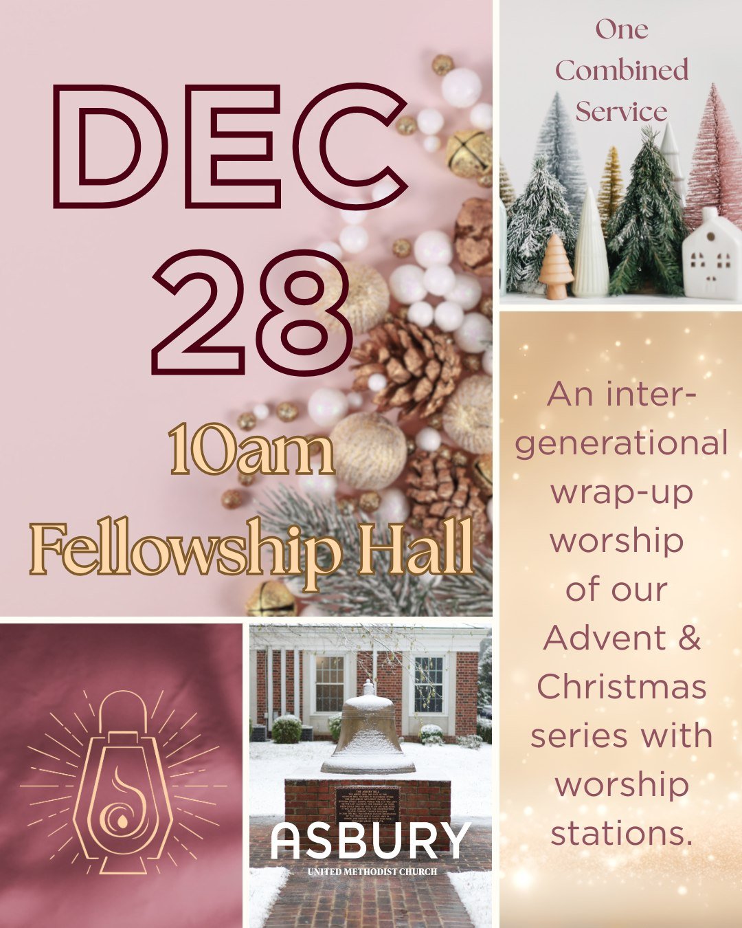 This Sunday, December 28th is one combined service in the Fellowship Hall at 10am!
Please note this is different from our typical worship schedule.

All are welcome to join us at Asbury UMC for an inter-generational wrap-up worship of our Advent and 