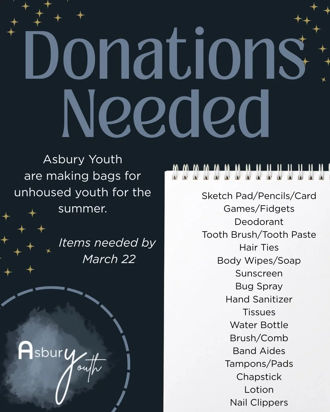 Asbury Youth is asking for your help in supporting unhoused youth in Salisbury and the surrounding areas. 
We are assembling bags for students to take home for the upcoming summer break, and we need your contributions to complete this project.

Pleas