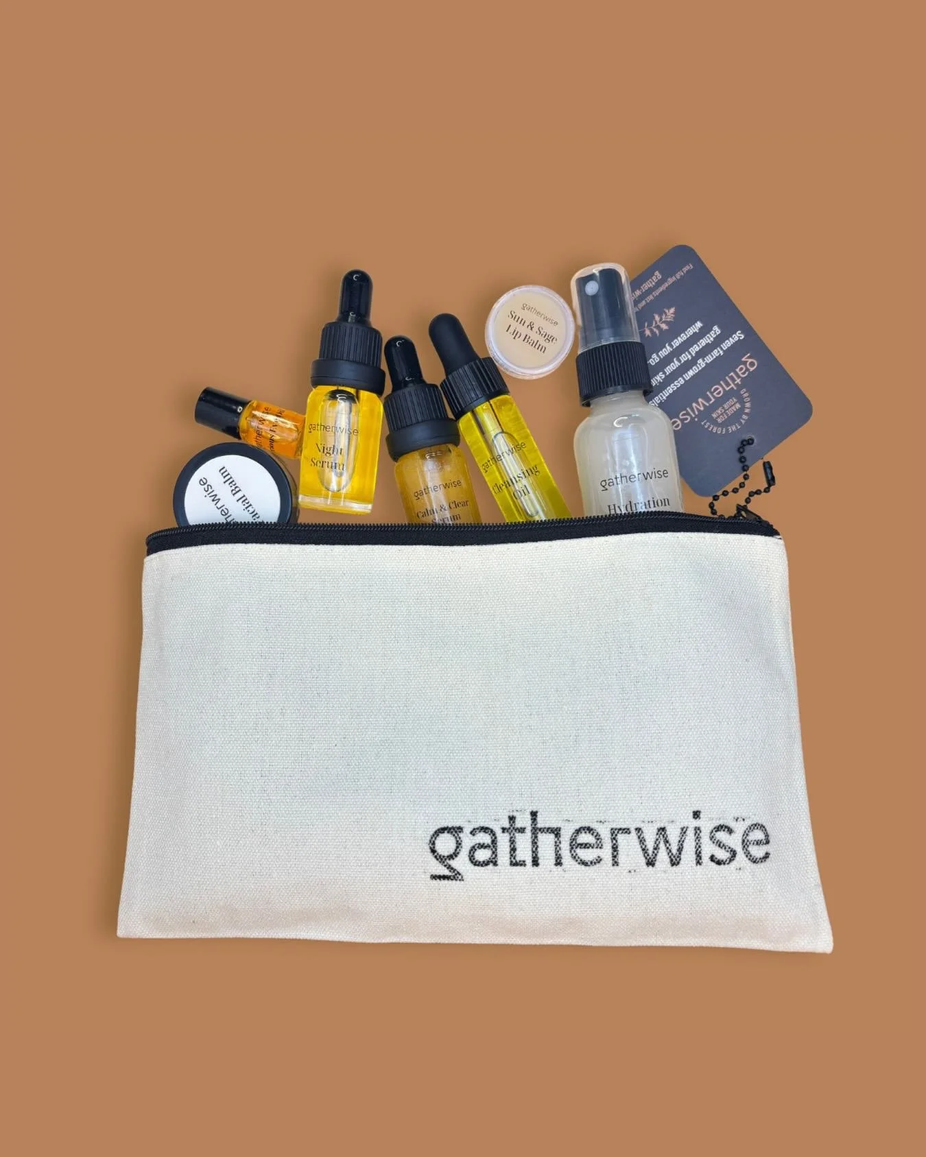 Take the forest with you &mdash; wherever you go. 
.
Say hello to the Gatherwise Travel Set &mdash; our Core Line in a ready-to-go pouch, designed to keep your skin nourished, supported, and glowing.
.
.
.
.
.
.

Yes. The forest now fits in your bag.
