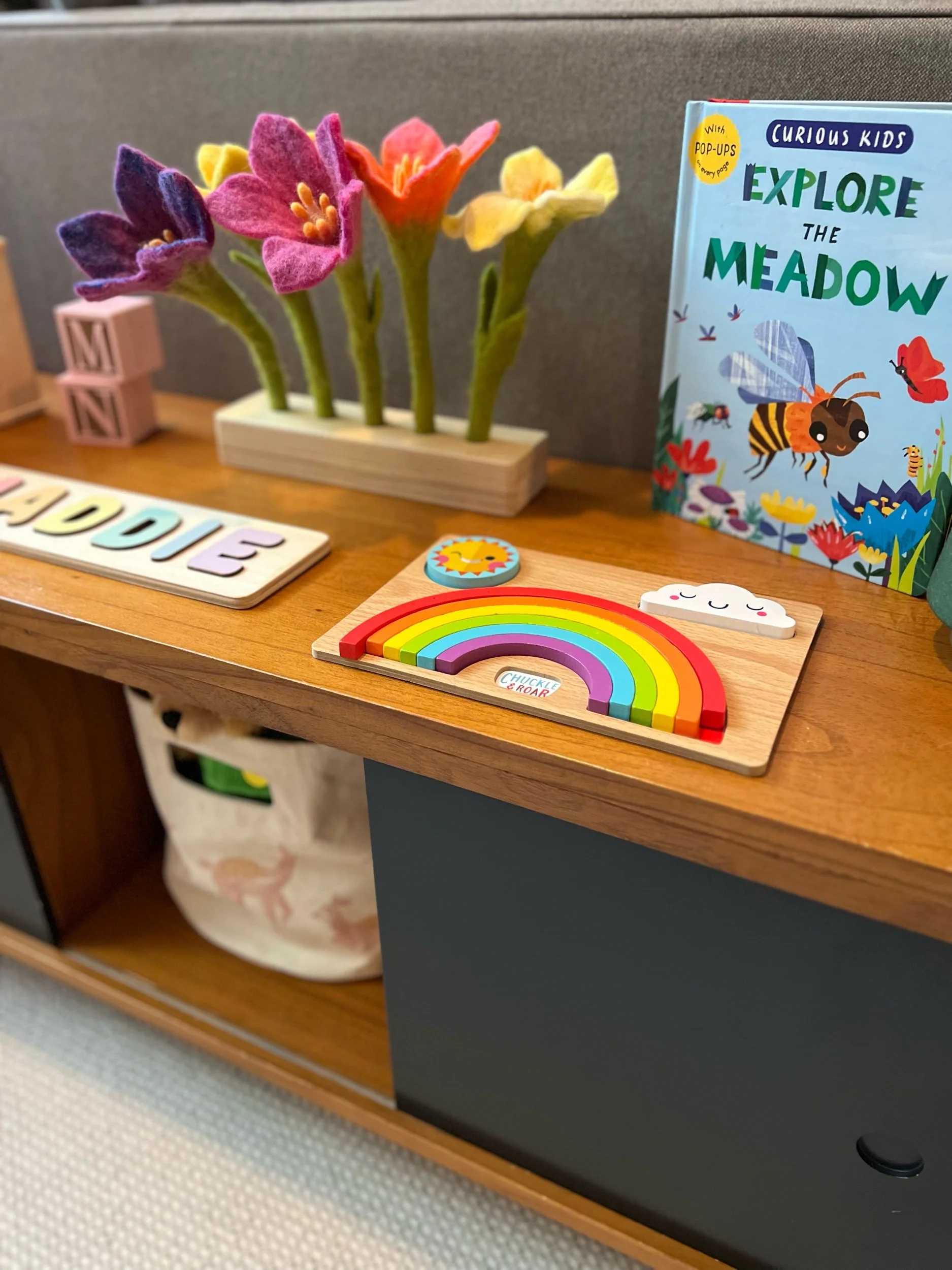 Toddler play shelf for toys with crate and barrel storage unit