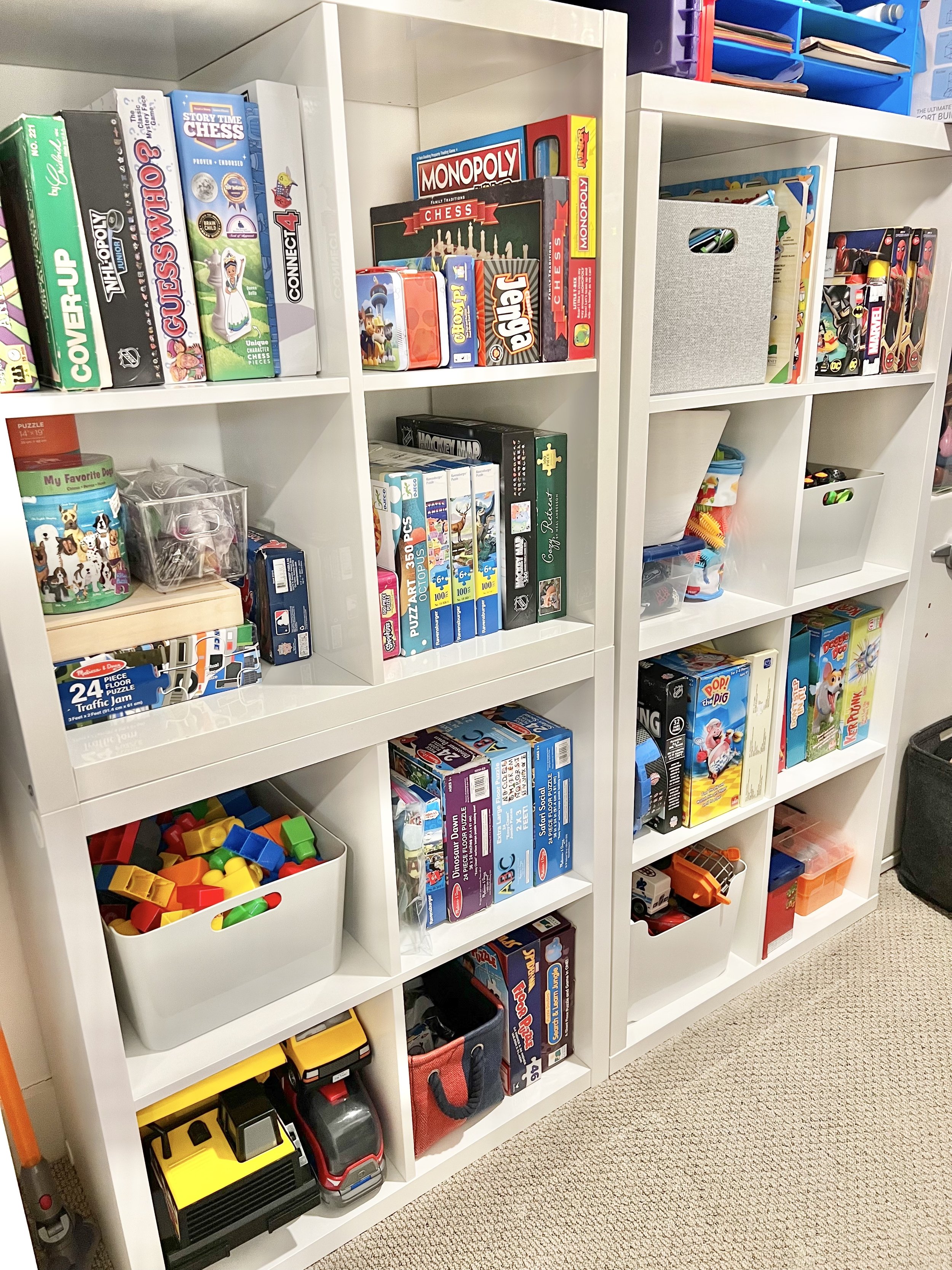 Toy storage closet for organization of games and toys