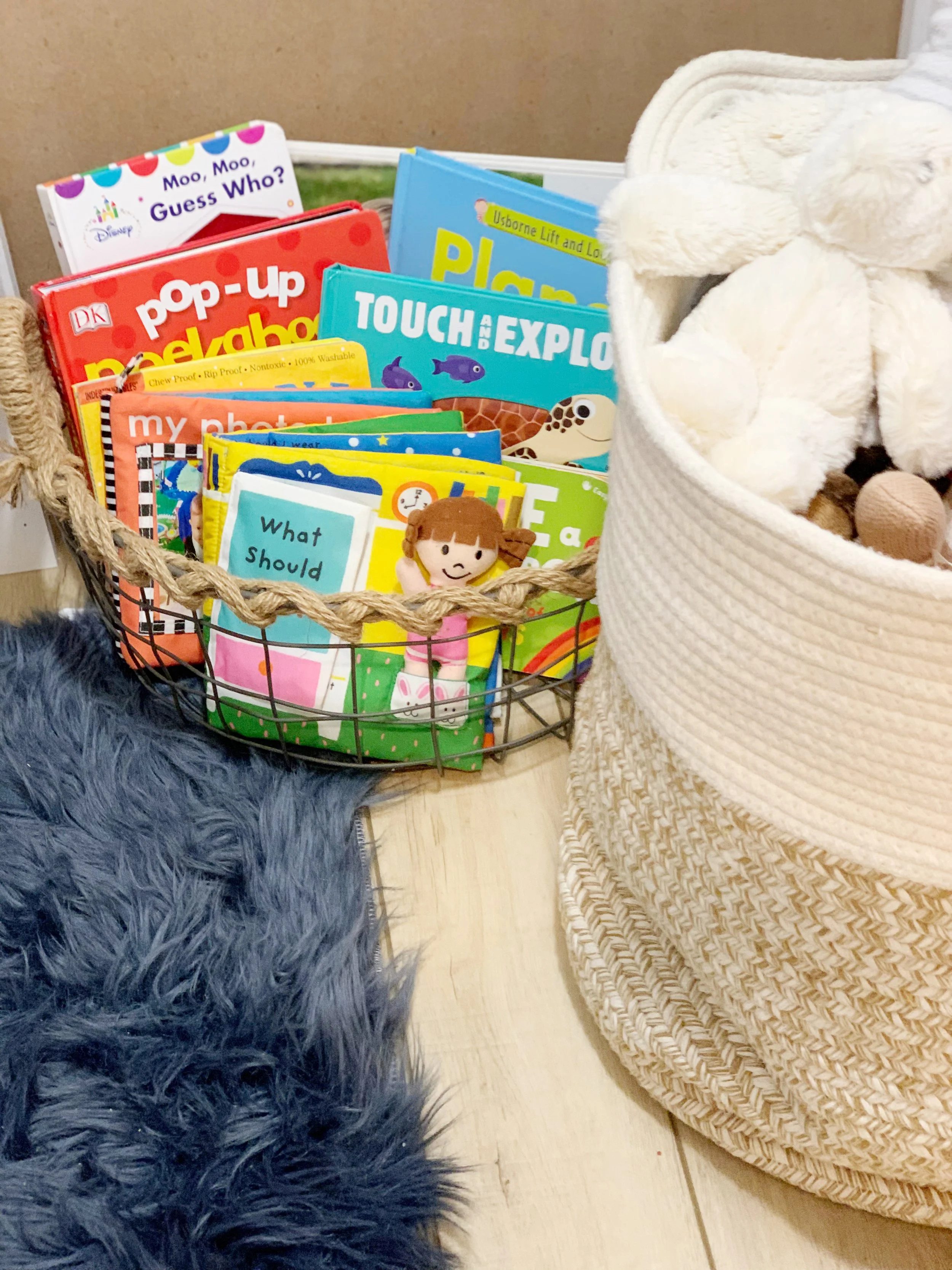 Cozy corner book nook with shag rug