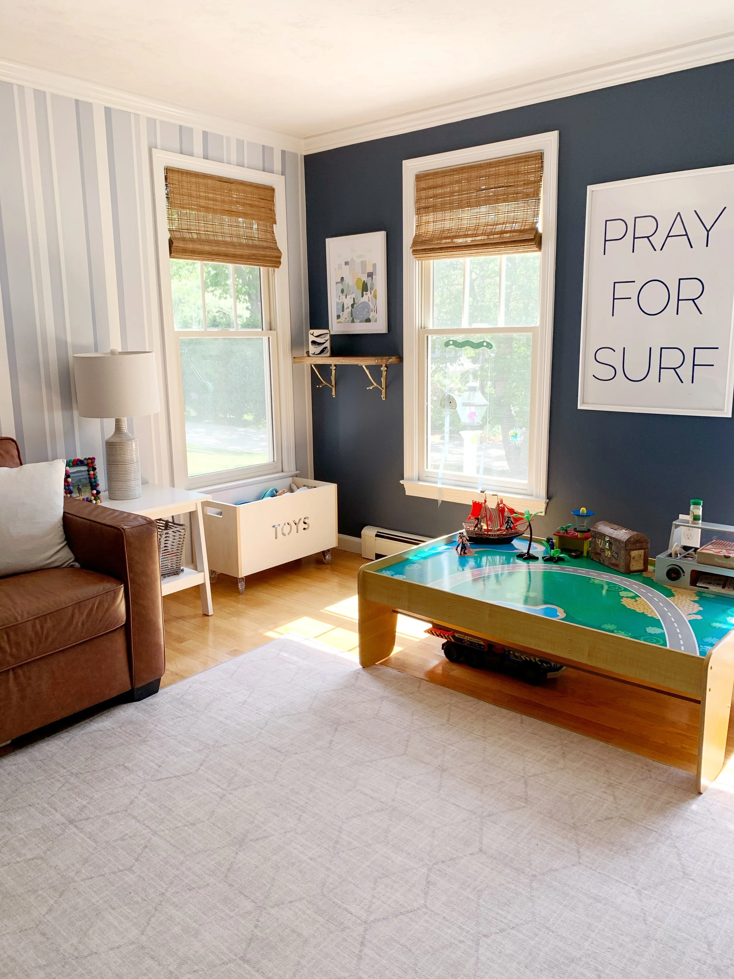 Child's playroom organized and coastal themed