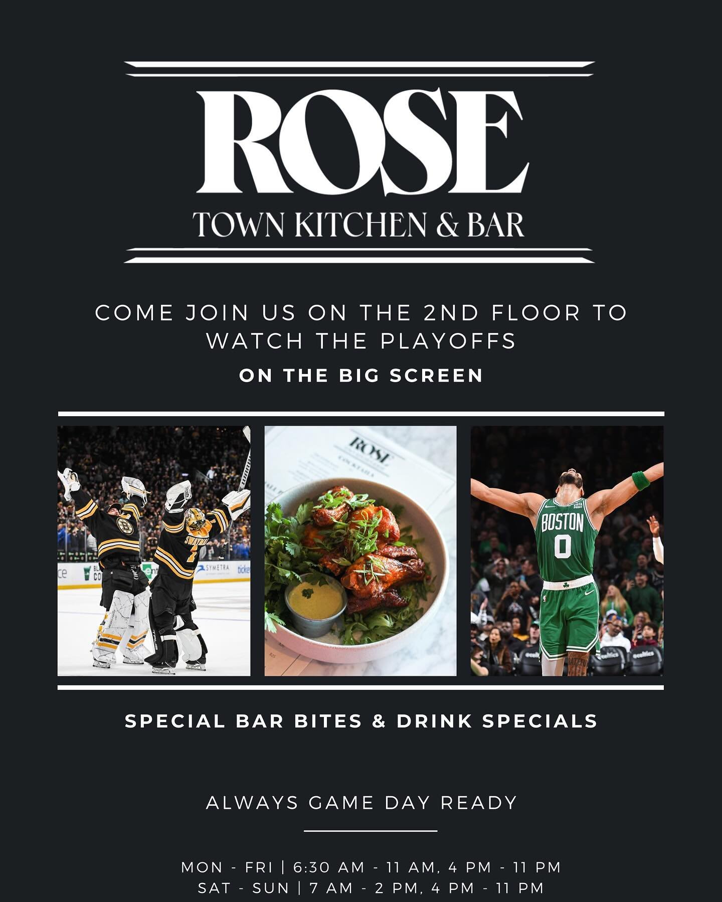 We are geared up for the playoffs, are you?

Join us at Rose to watch your favorite teams on the big screen! Delicious bites, tasty drinks and a full house of fans at Rose Town Kitchen and Bar. Let&rsquo;s go Boston!

#rosetownkitchenandbar #playoffh