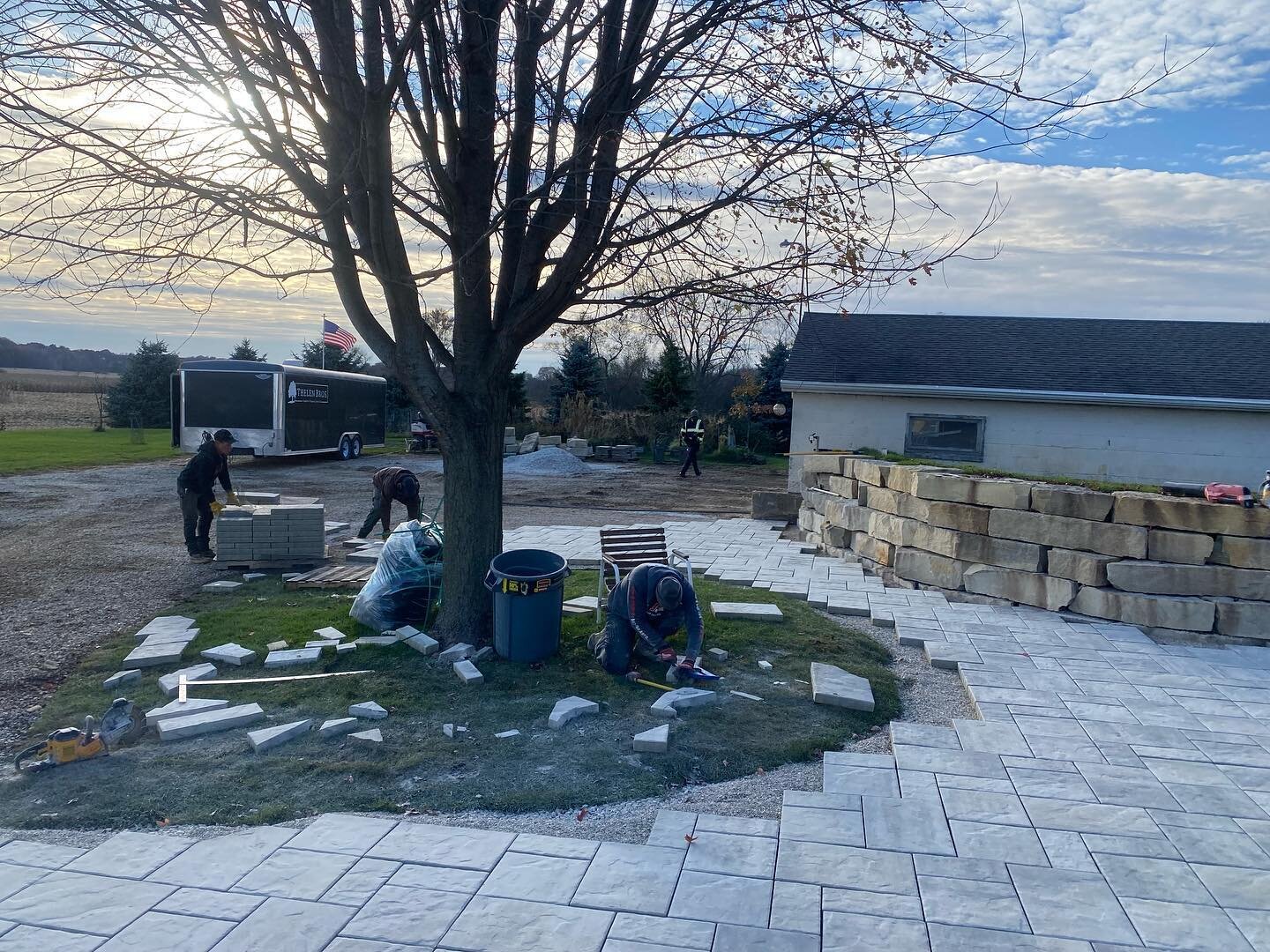 Paver laying progress! #sunset #pavers #patio #unilock #outdoorliving #hardscaping