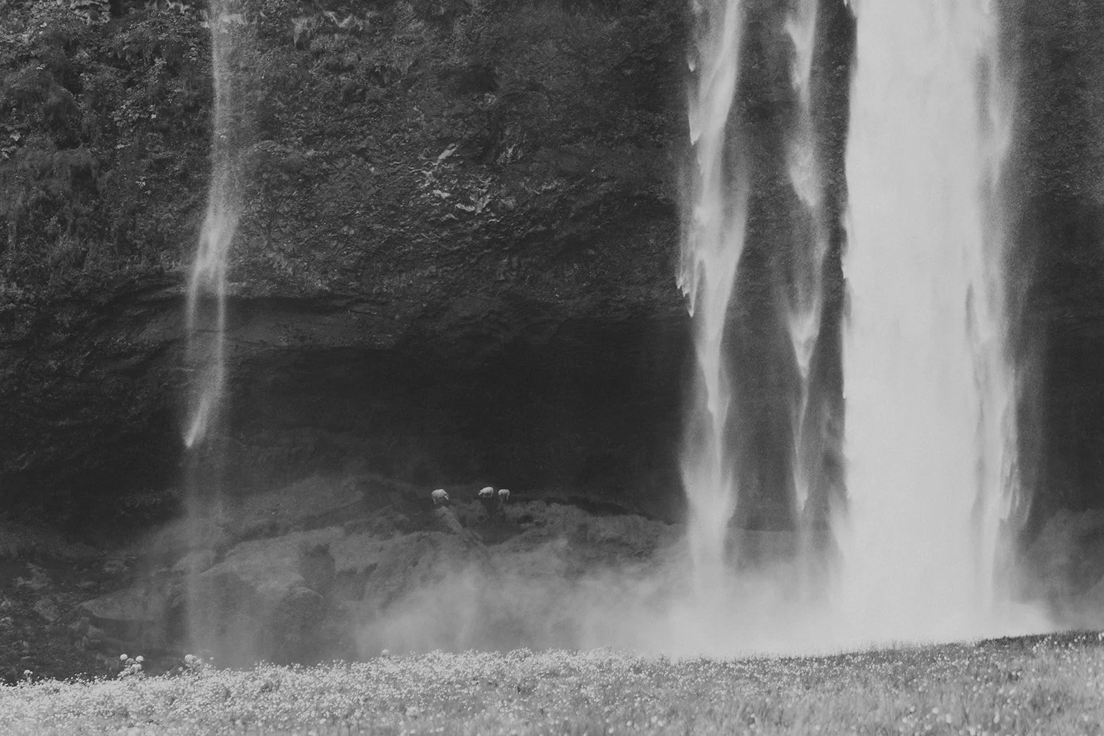 Black and white photograph of a waterfall falling into a pool, with three people wearing helmets in the water near the bottom of the waterfall.