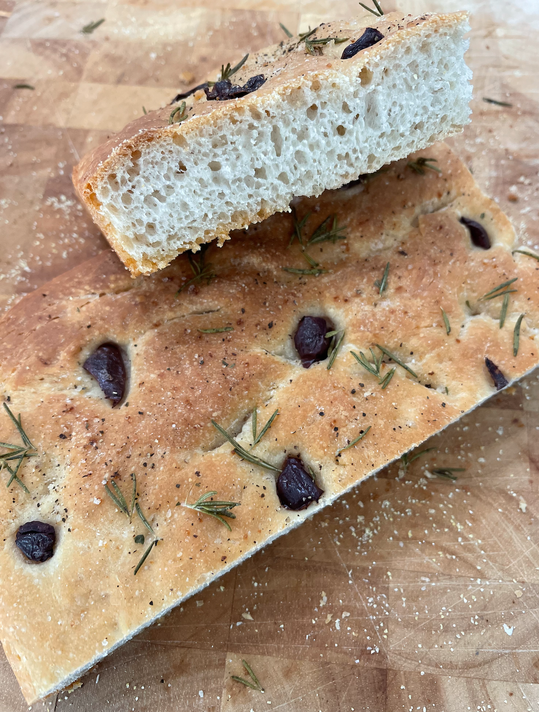 Sourdough Focaccia, Rosemary Kalamata Olive, Garlic Salt.
