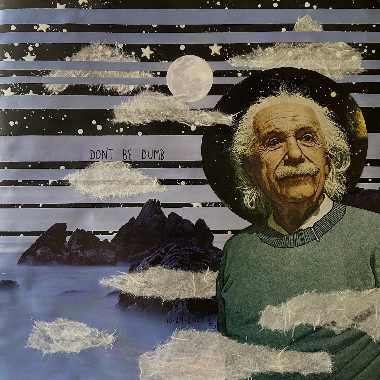 This is definitely the advice Einstein would give me. LoL. &ldquo;SMARTY PANTS&rdquo; 12x12 hand-cut #almostdailycollage made with magazine clippings, vintage glow-in-the-dark wall paper, ink and mango paper. $95 available on my website (link in bio)