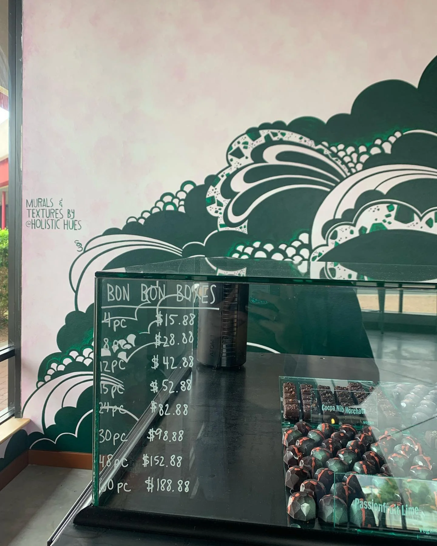 TODAY IS THE DAY! 🥳 Tucson can now enjoy @monsoonchocolate&rsquo;s new cafe 3630 E. Fort Lowell. This is the largest surface area I&rsquo;ve ever painted (textures &amp; line work) It used to just be ALL WHITE. I will be starting a cacao tree mural 