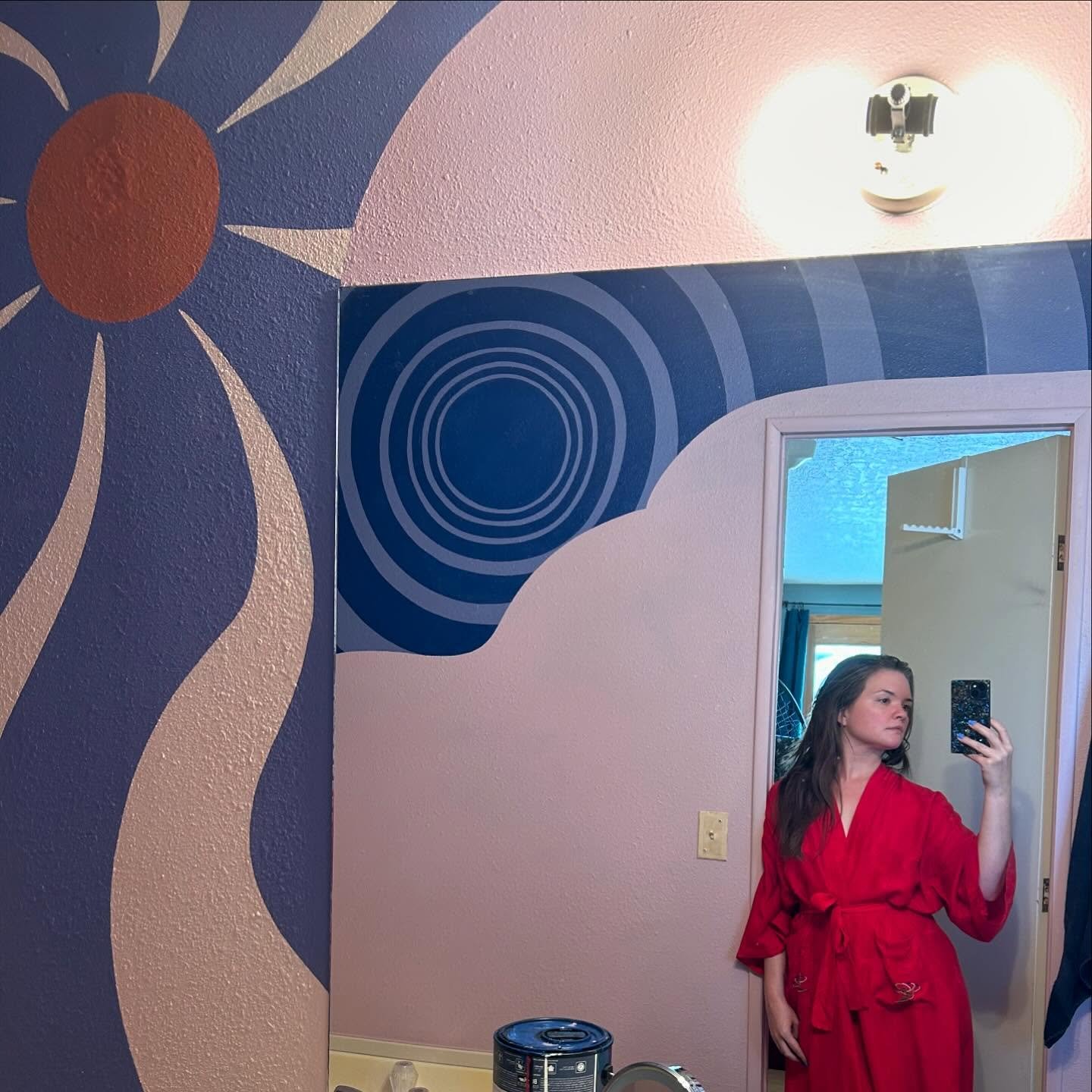 Slowly updating our bathroom.  Going to add one more element to the sun, then do an experimental gold wash on top. I&rsquo;ve done background washes with line work on top before, but never a wash on top of line work. I hope it comes out as awesome in