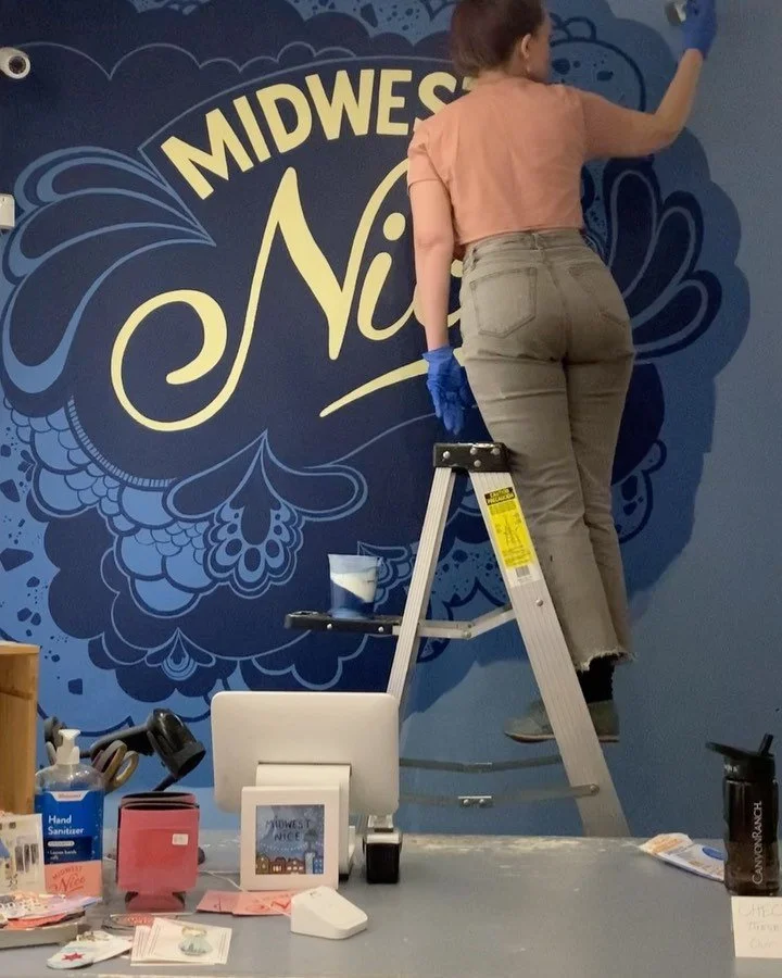 Heres the rest of the footage from the @midwestniceshop mural I painted last month.🙌 I often get accused of using stencils or projectors, so I hope the videos debunk that. I paint organically. I draw a rough sketch that tells me what direction I wan