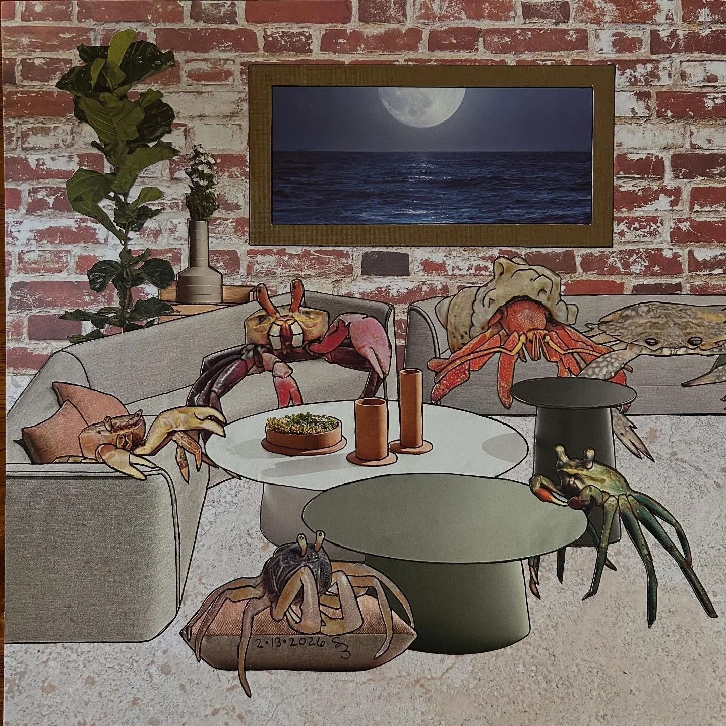 This took me SO much longer to finish than it should have. &ldquo;CRABS WAITING PATIENTLY FOR SNACKS&rdquo; 12x12 hand cut #almostdailycollage made with magazine clippings, cardstock and ink. $95, unframed. It will be Available on my website later to