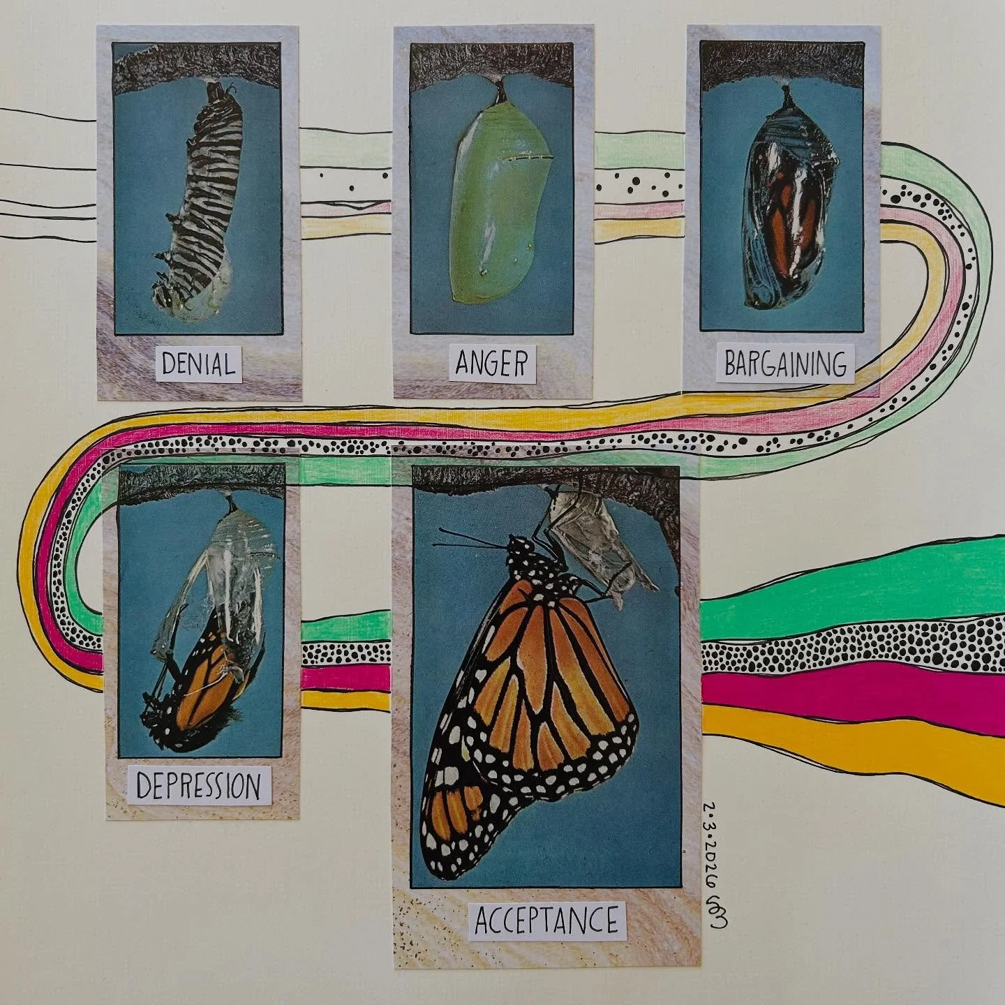 I&rsquo;ve been holding onto this butterfly imagery for months until I could find the perfect words to describe growth. Then Adam pulled out the book &ldquo;on death and dying&rdquo; that had the 5 stages of grief in it. Perfecto!!!! Because grief is