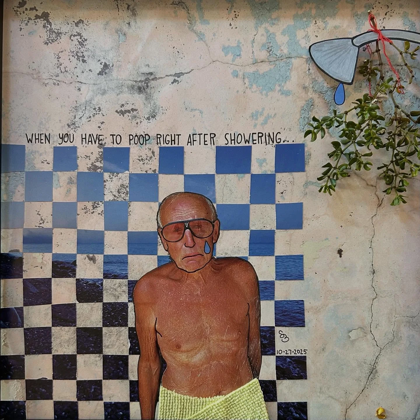 Not so fresh, not so clean. LoL. &ldquo;STORY OF MY LIFE&rdquo; 12x12 hand cut #almostdailycollage made with magazine clippings, cardstock, terry cloth, red thread, ink, metallic colored pencil and creosote twig. SOLD