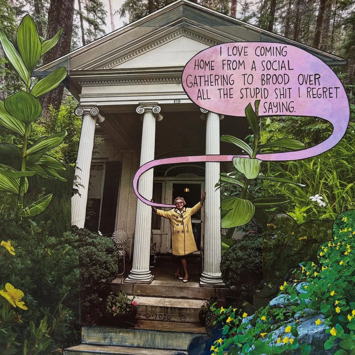 Plants are the new Pets. &ldquo;HOMEBODY&rdquo; 12x12 hand cut #almostdailycollage made with magazine clippings, cardstock, colored pencils &amp; ink. $95 unframed, available on my website. Link in bio. #homebody #regret #stupidshit #brooding #analog