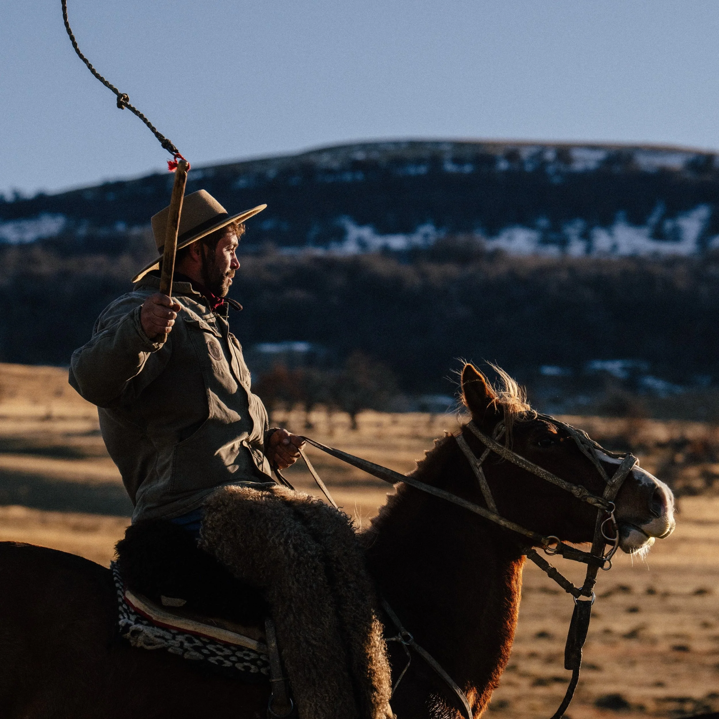 A person with a hat riding a horse, holding the reins, with a landscape of mountains and open land in the background during sunset.