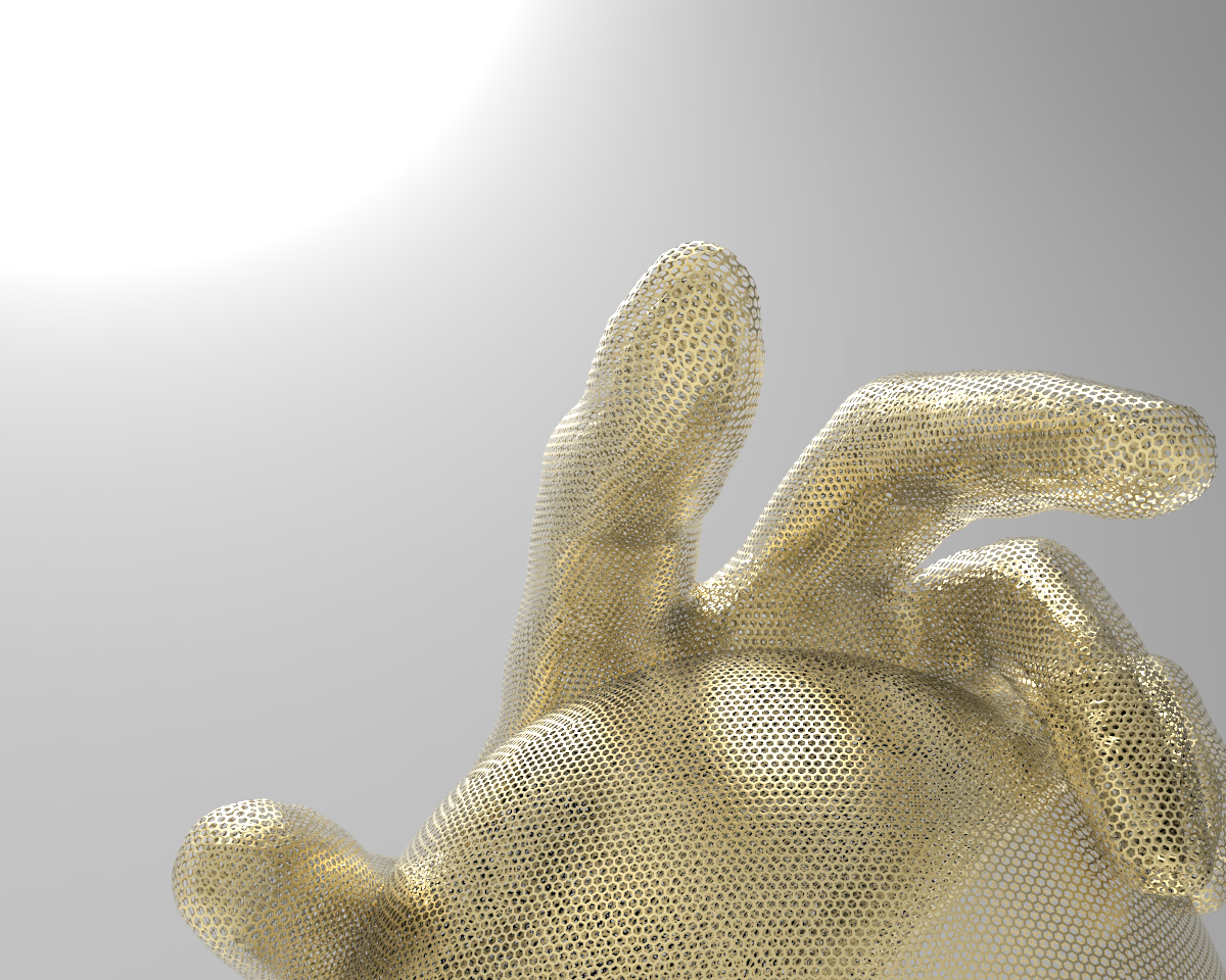 Modeled and rendered a hand holding a crystal ball from a 3D scan of an arm. Rendered to look like metal screening.
