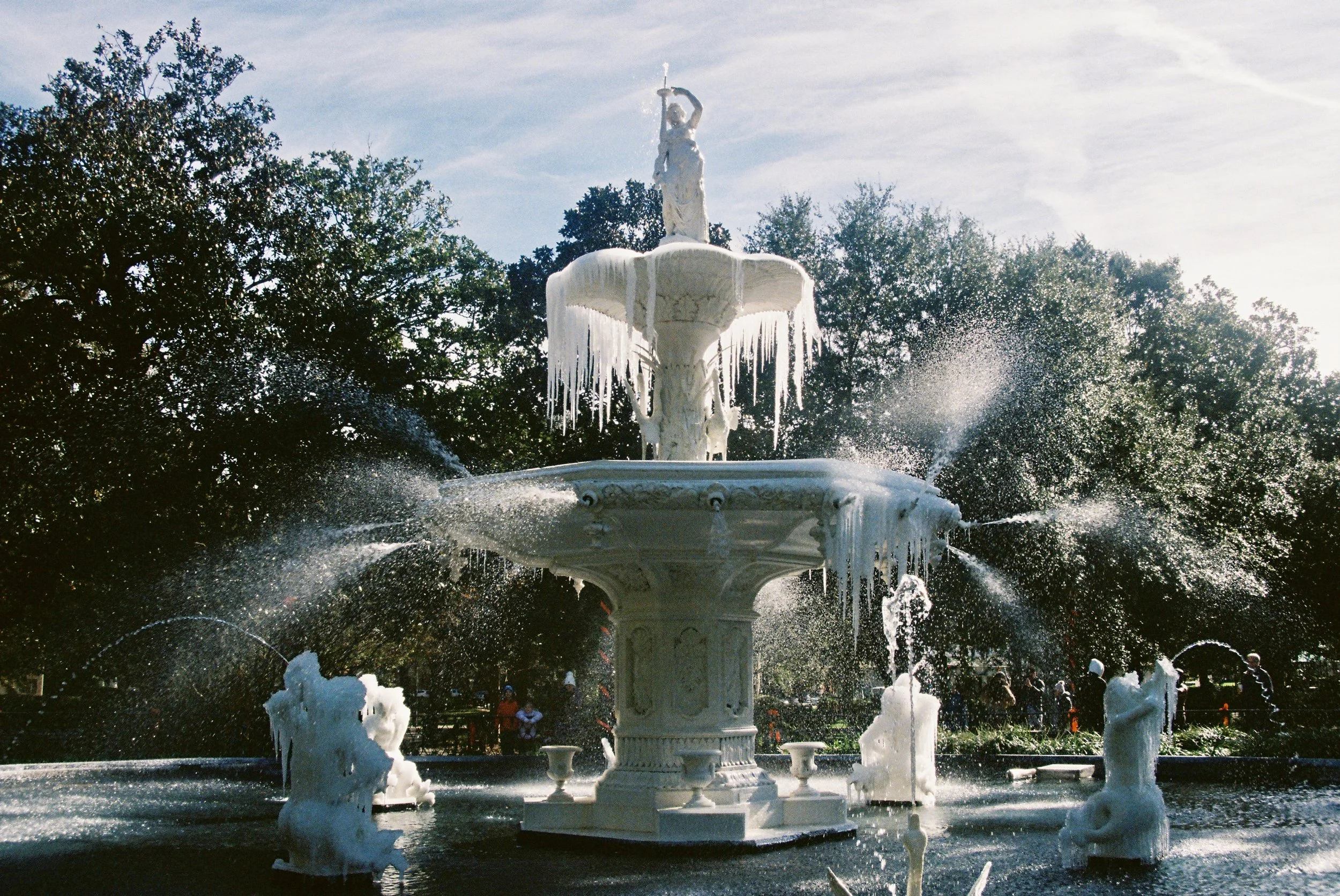 An image of an iced over Forsyth Park Fountain.
