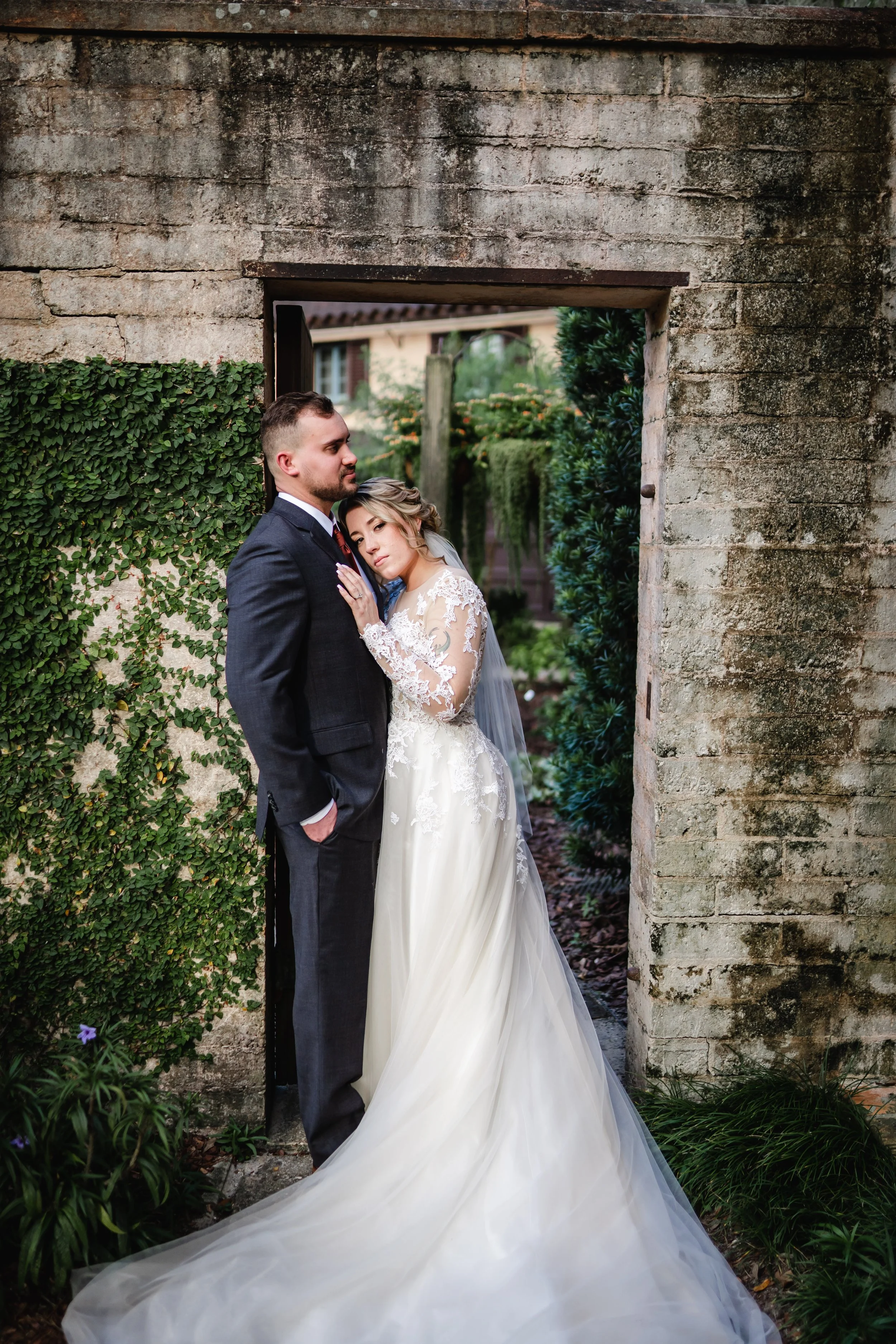 romantic and greenery photo of bride and groom for their wedding day