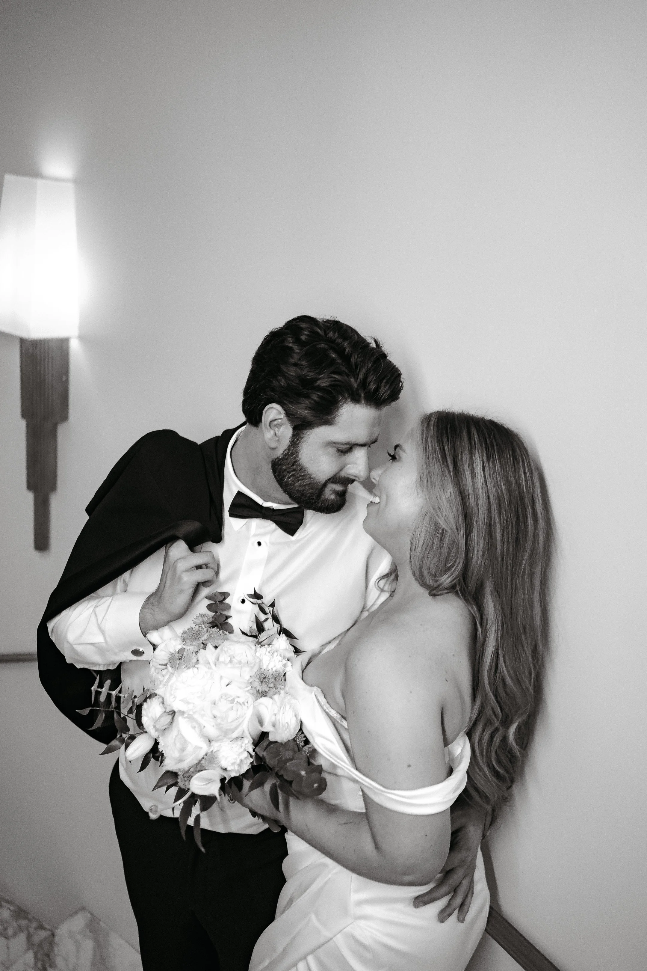black and white photo of bride and groom