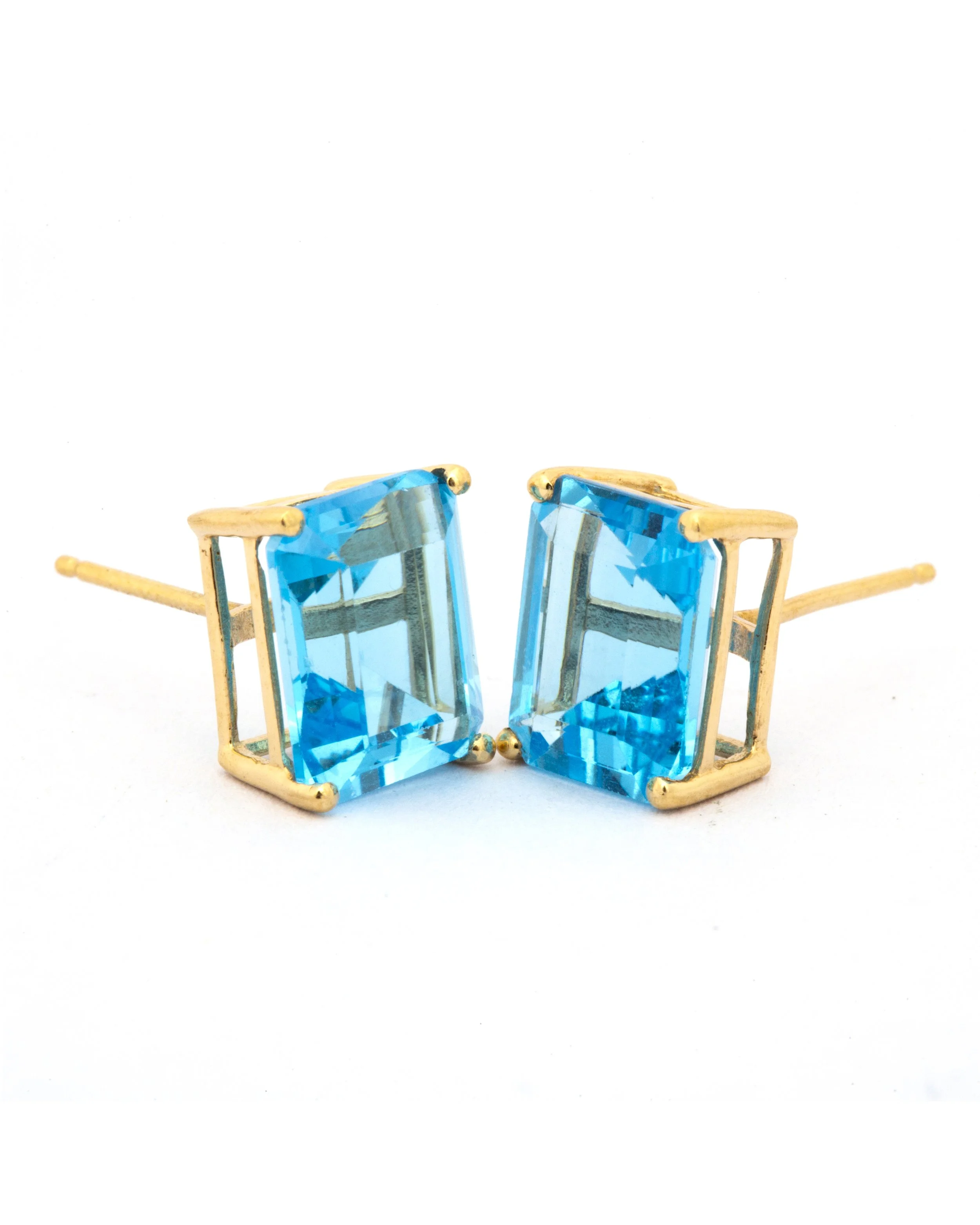 Large Blue Topaz Emerald Cut Stud Earrings in 14K Gold