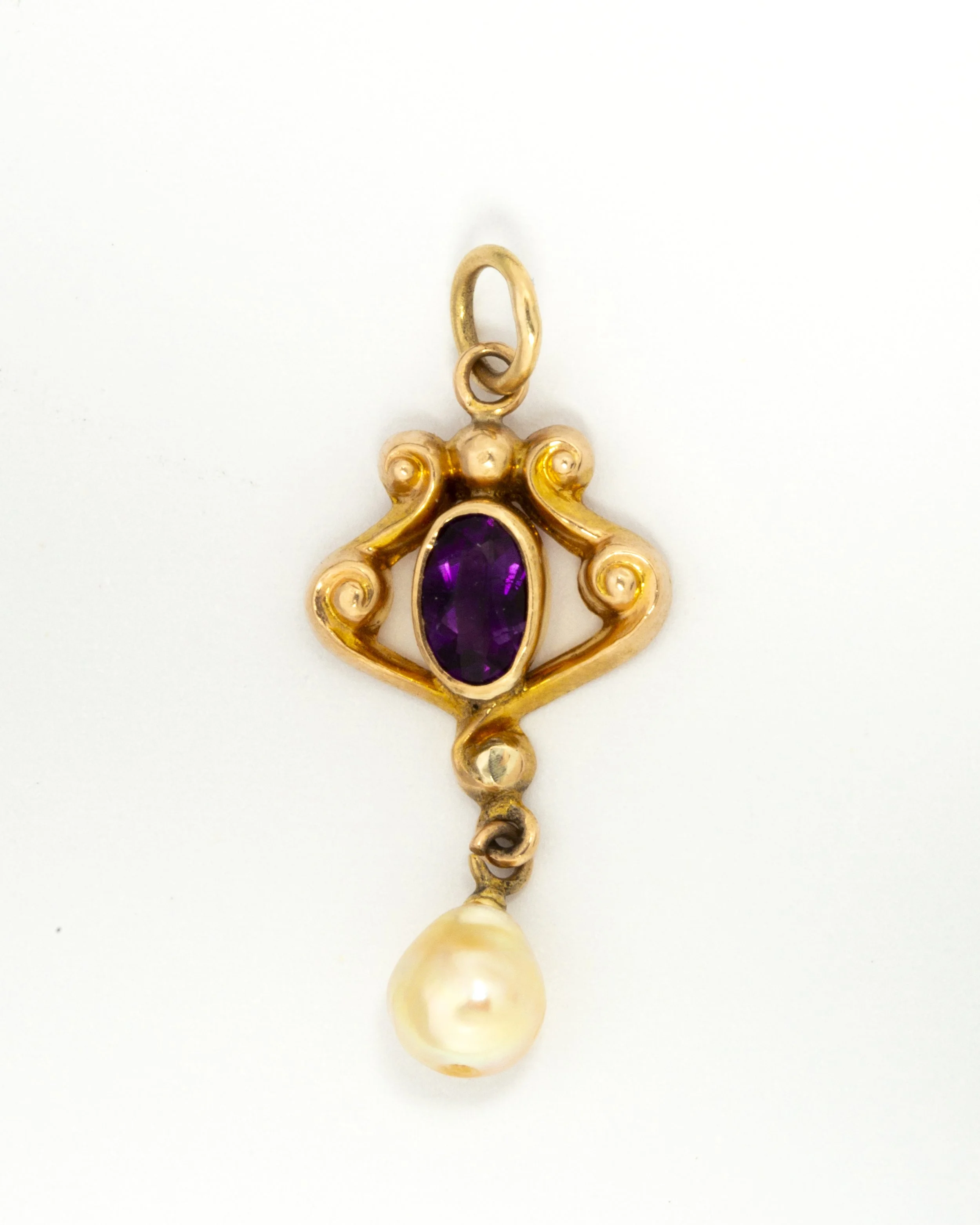 Art Nouveau Yellow Gold, Amethyst and Pearl Drop Pendant