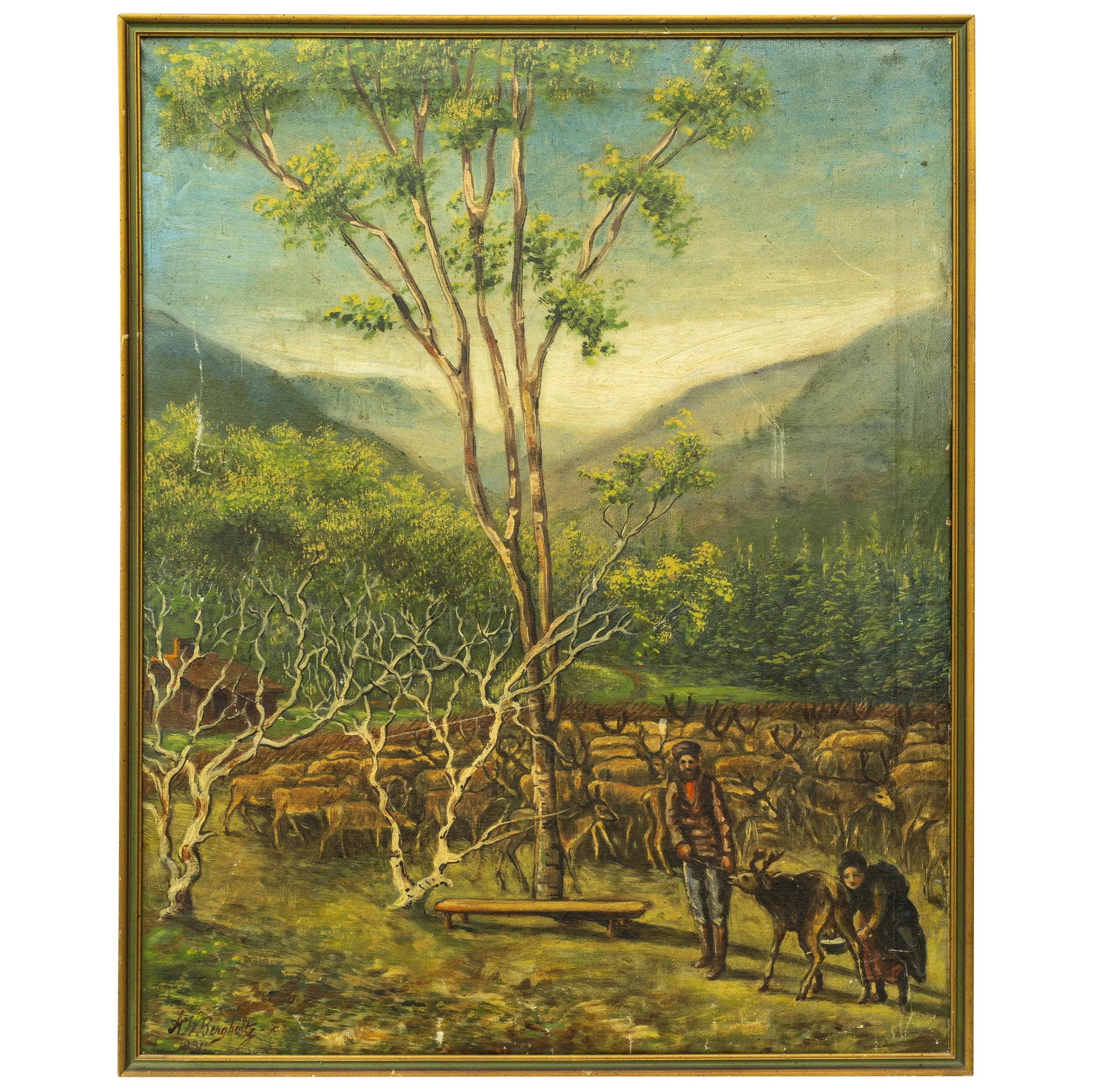 Antique Swedish Folk Art Landscape Painting Milking the Reindeer, Bergholtz, 1931