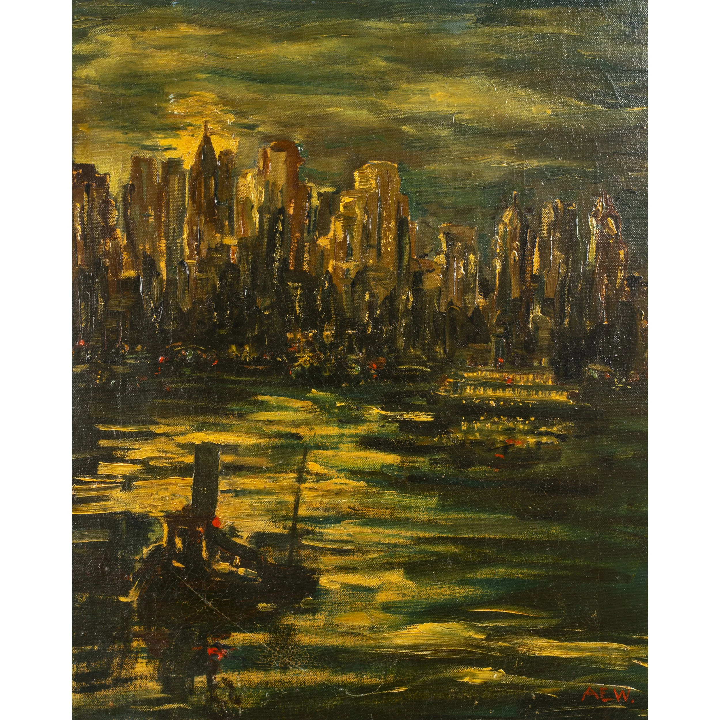 Arnold Weichert (1901-1980) New York City Skyline with Hudson Ferry, c.1950