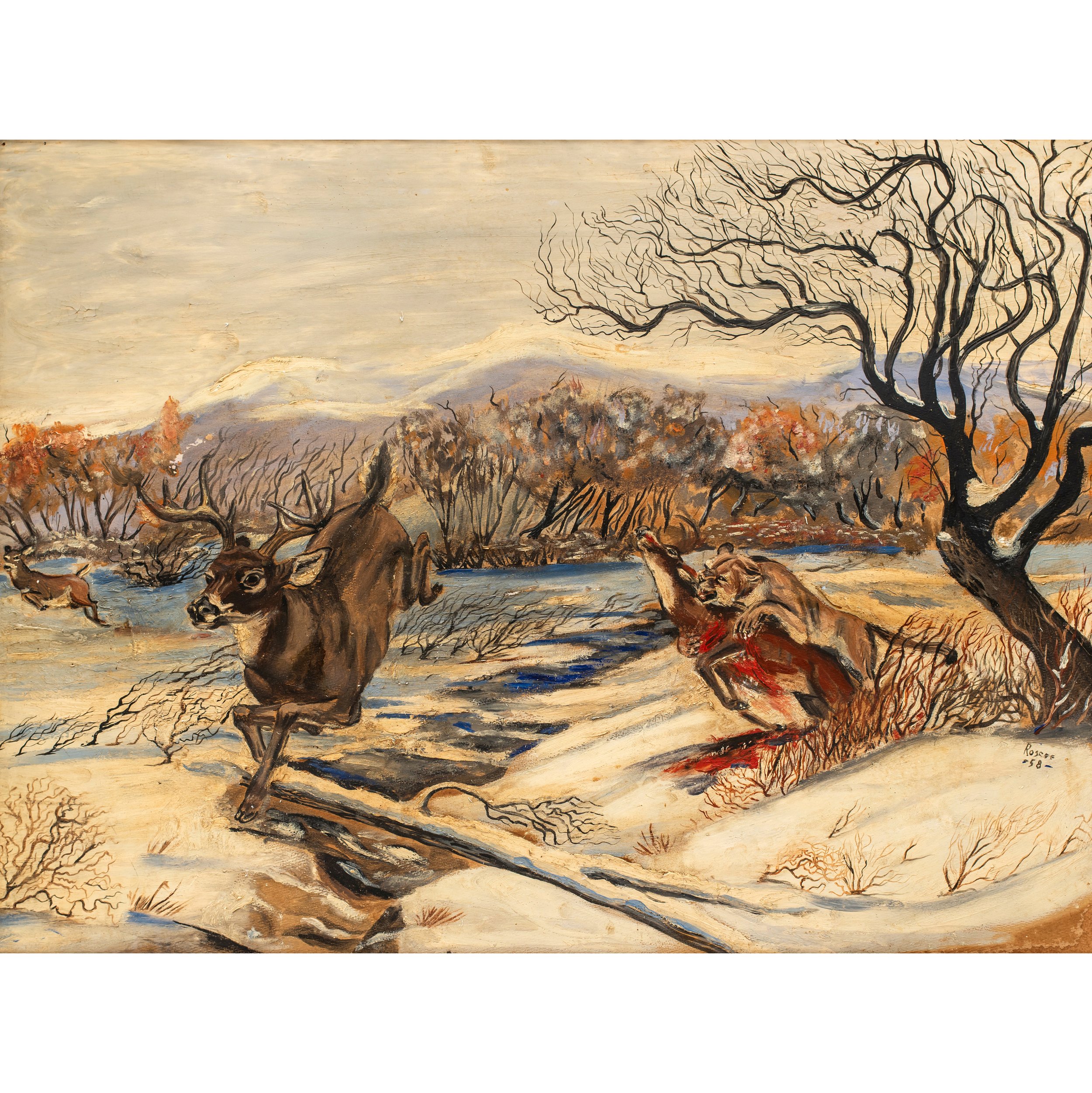 Vintage 1954 Field & Stream Cover Repro, Signed Illegibly, 1958. Mountain Lion Hunting Deer